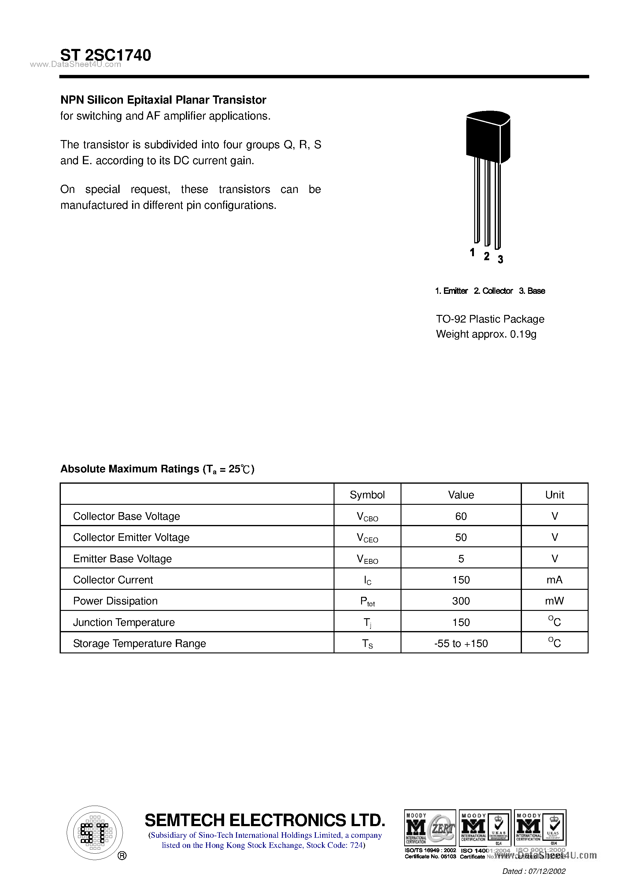 Datasheet ST2SC1740 page 1 Datasheet ST2SC1740 - NPN Silicon Epitaxial Planar Transistor page 1