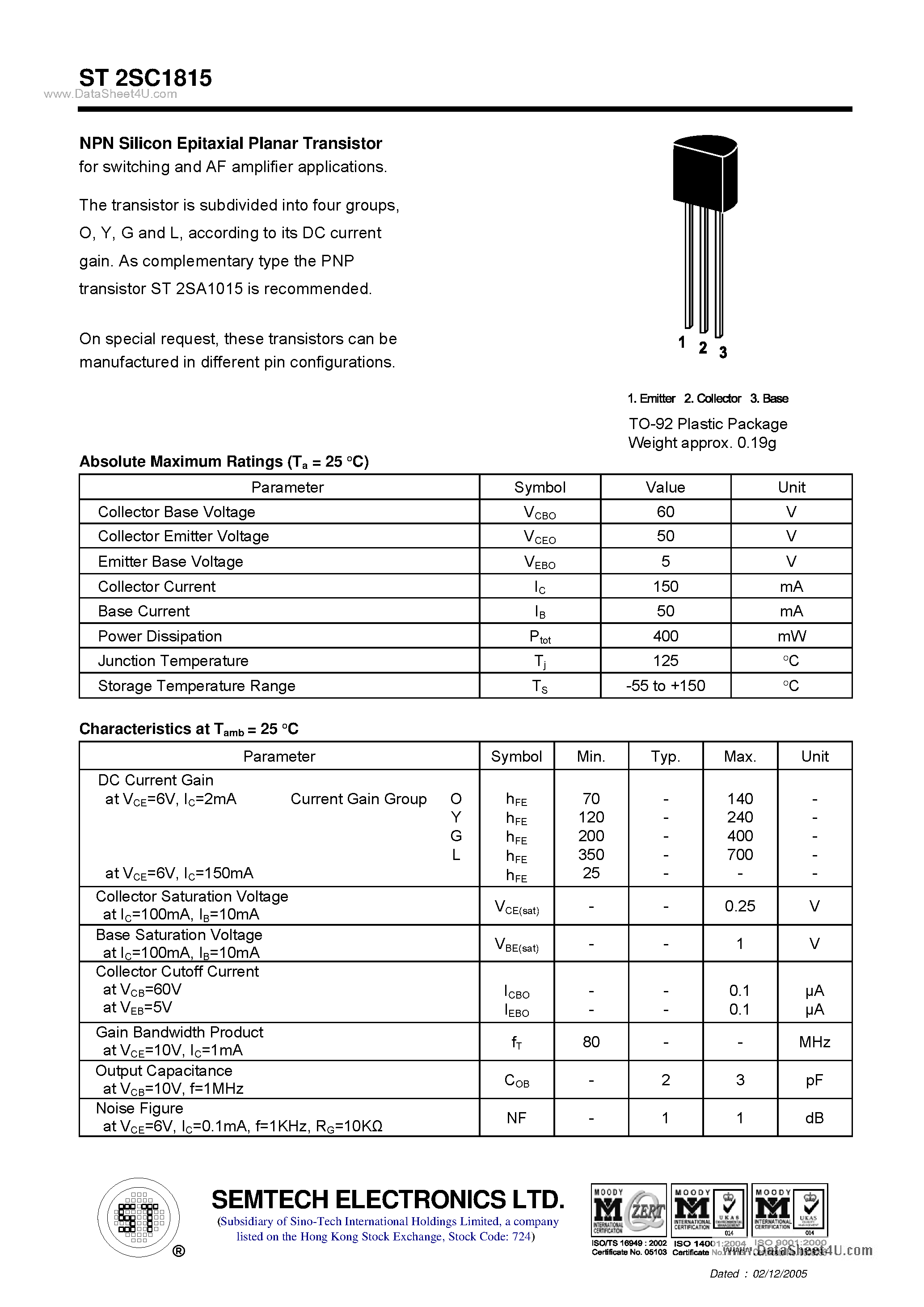 Datasheet ST2SC1815 page 1 Datasheet ST2SC1815 - NPN Silicon Epitaxial Planar Transistor page 1