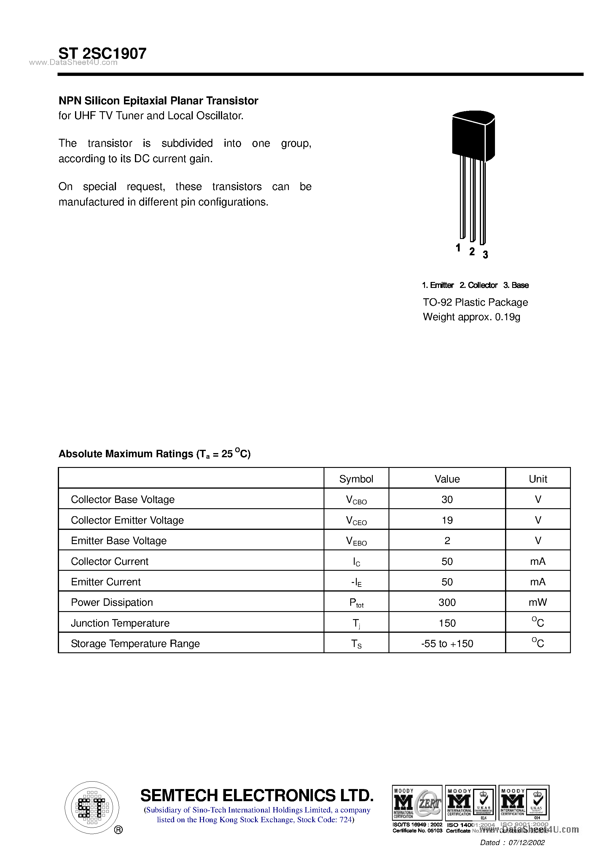 Datasheet ST2SC1907 page 1 Datasheet ST2SC1907 - NPN Silicon Epitaxial Planar Transistor page 1