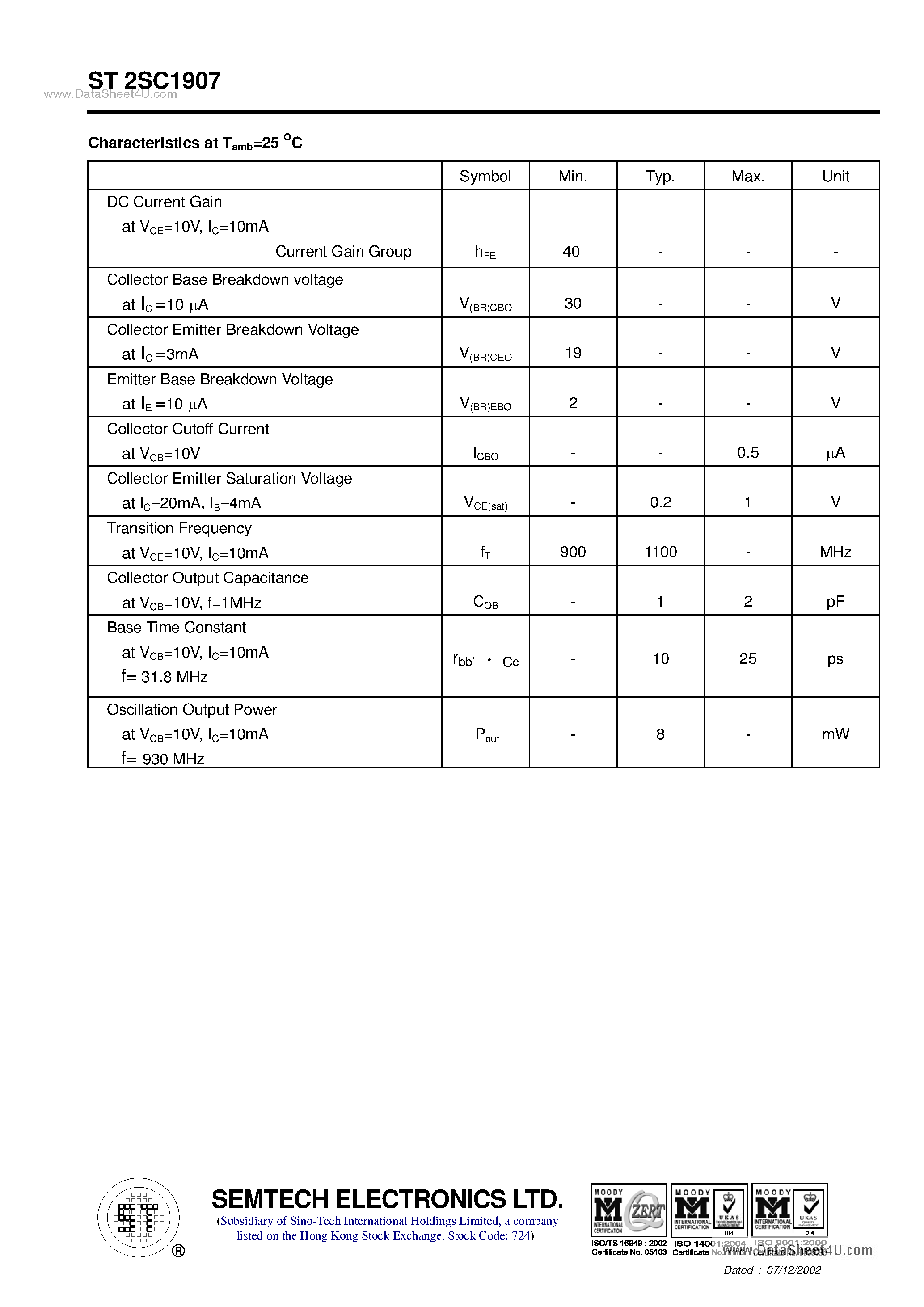 Datasheet ST2SC1907 page 2 Datasheet ST2SC1907 - NPN Silicon Epitaxial Planar Transistor page 2