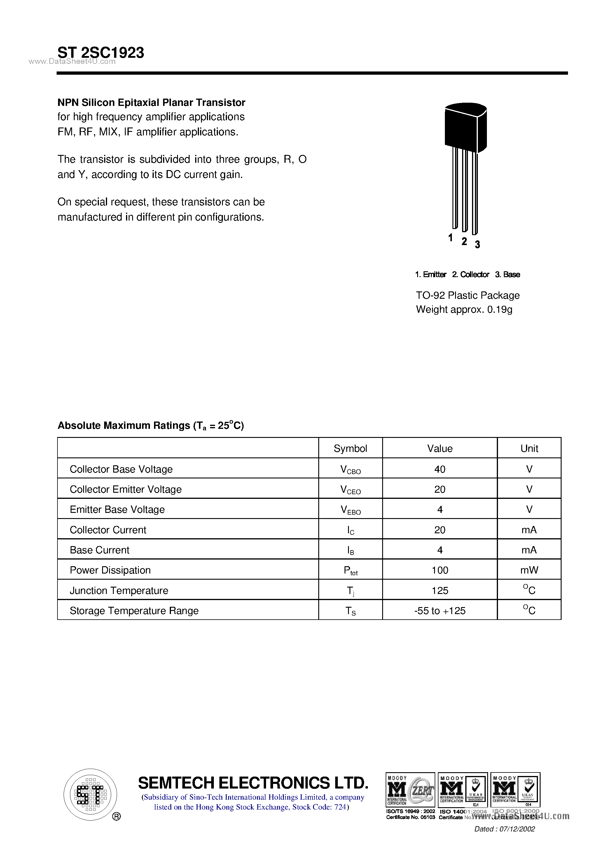 Datasheet ST2SC1923 page 1 Datasheet ST2SC1923 - NPN Silicon Epitaxial Planar Transistor page 1