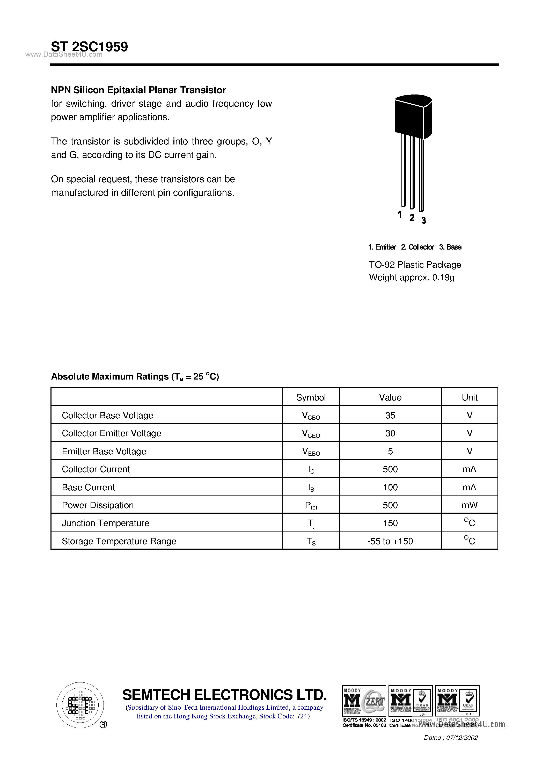 Datasheet ST2SC1959 page 1 Datasheet ST2SC1959 - NPN Silicon Epitaxial Planar Transistor page 1