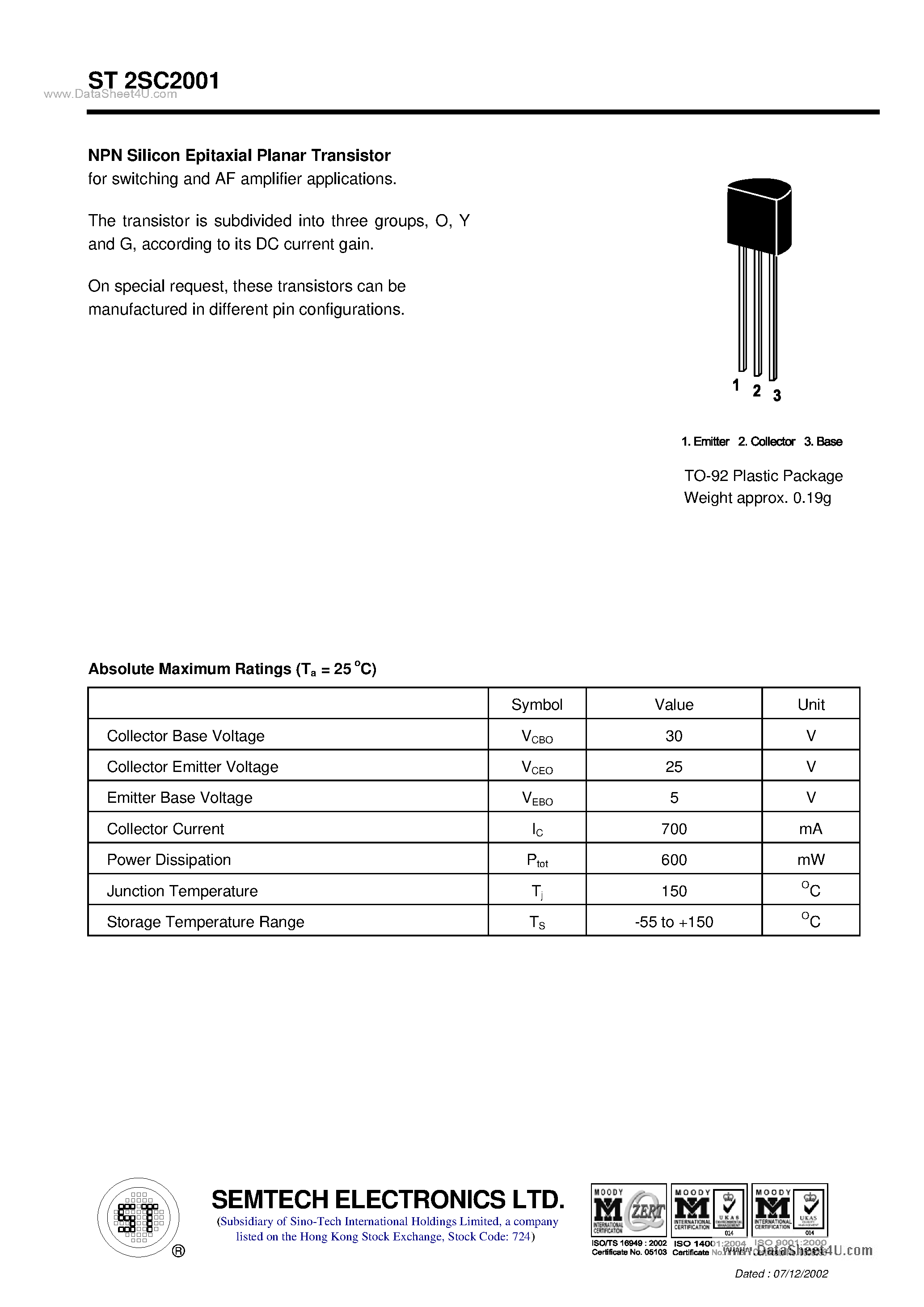 Datasheet ST2SC2001 page 1 Datasheet ST2SC2001 - NPN Silicon Epitaxial Planar Transistor page 1