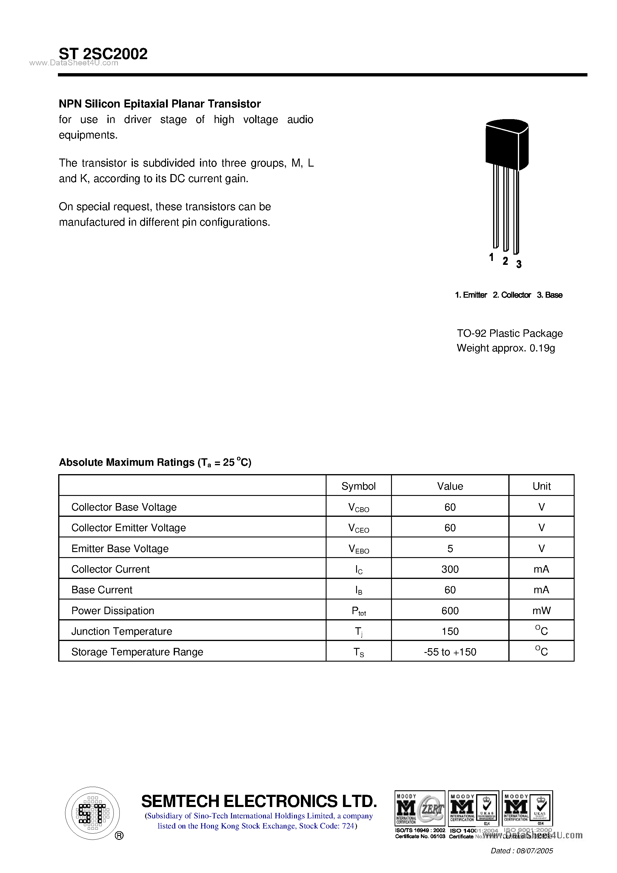 Datasheet ST2SC2002 page 1 Datasheet ST2SC2002 - NPN Silicon Epitaxial Planar Transistor page 1
