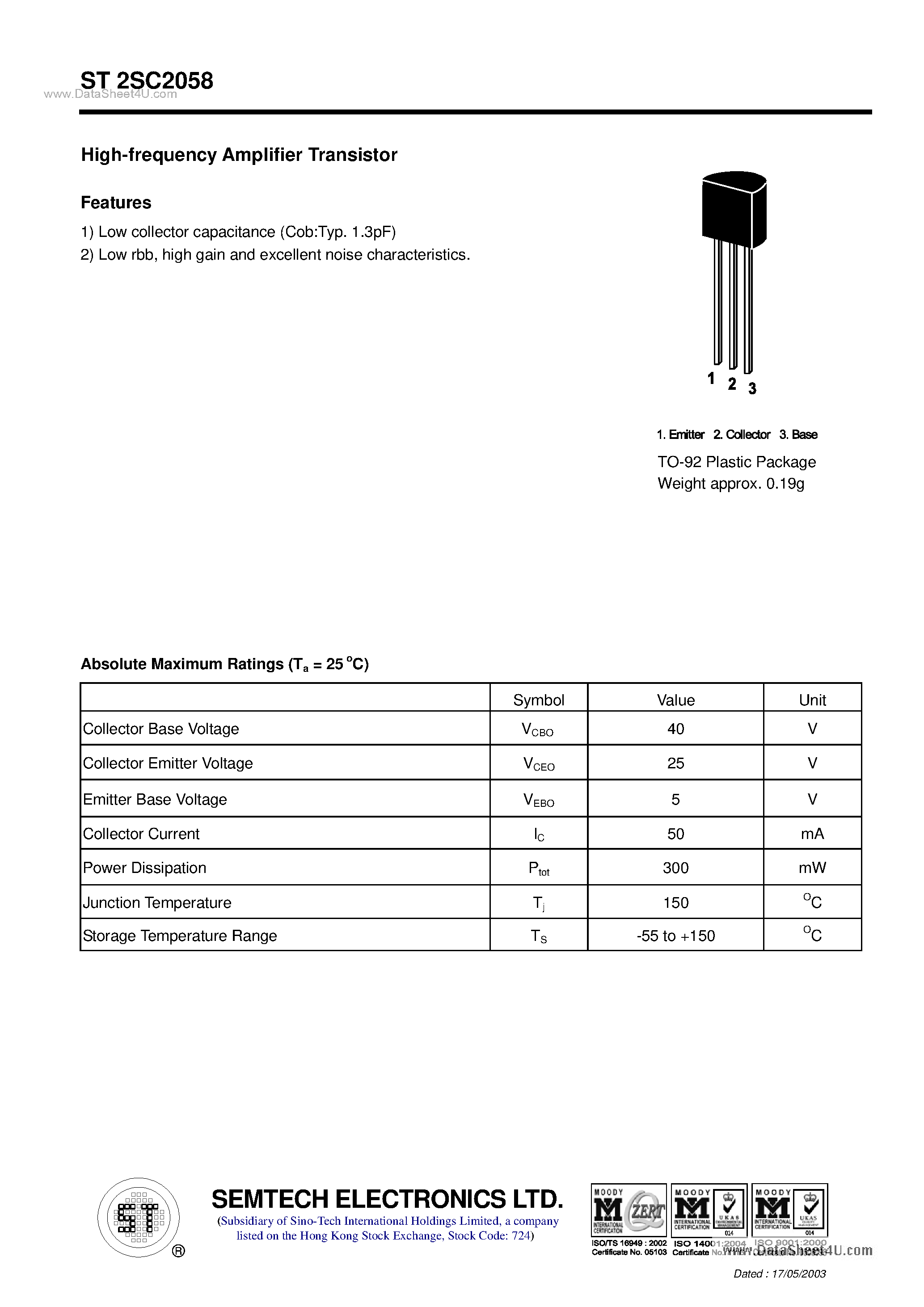 Datasheet ST2SC2058 page 1 Datasheet ST2SC2058 - NPN Silicon Epitaxial Planar Transistor page 1