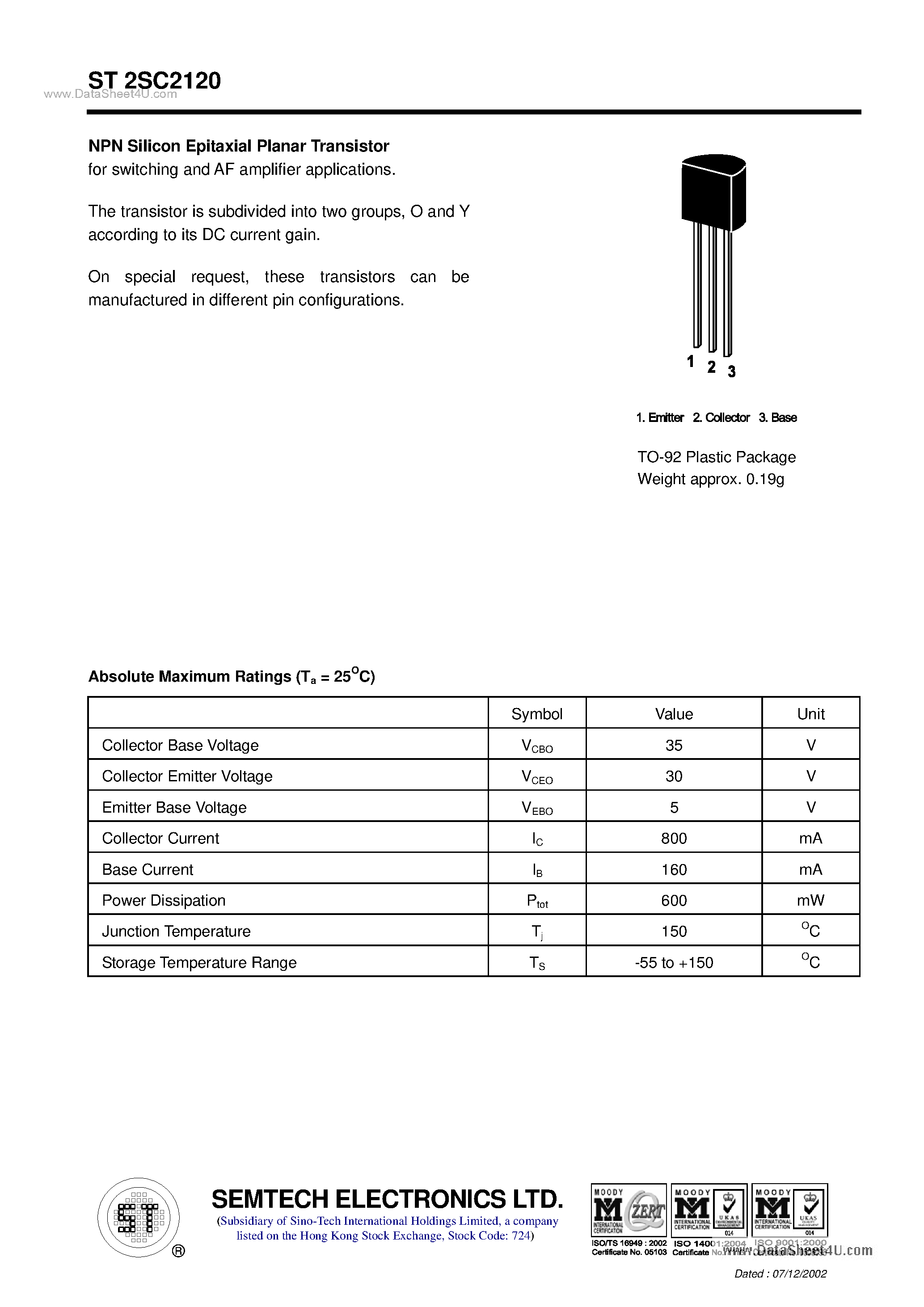Datasheet ST2SC2120 page 1 Datasheet ST2SC2120 - NPN Silicon Epitaxial Planar Transistor page 1