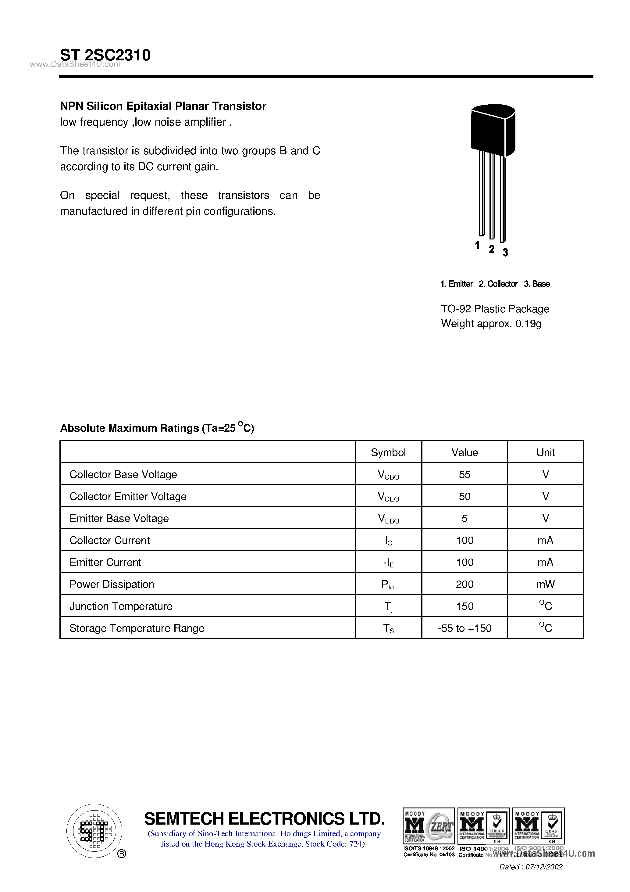 Datasheet ST2SC2310 page 1 Datasheet ST2SC2310 - NPN Silicon Epitaxial Planar Transistor page 1