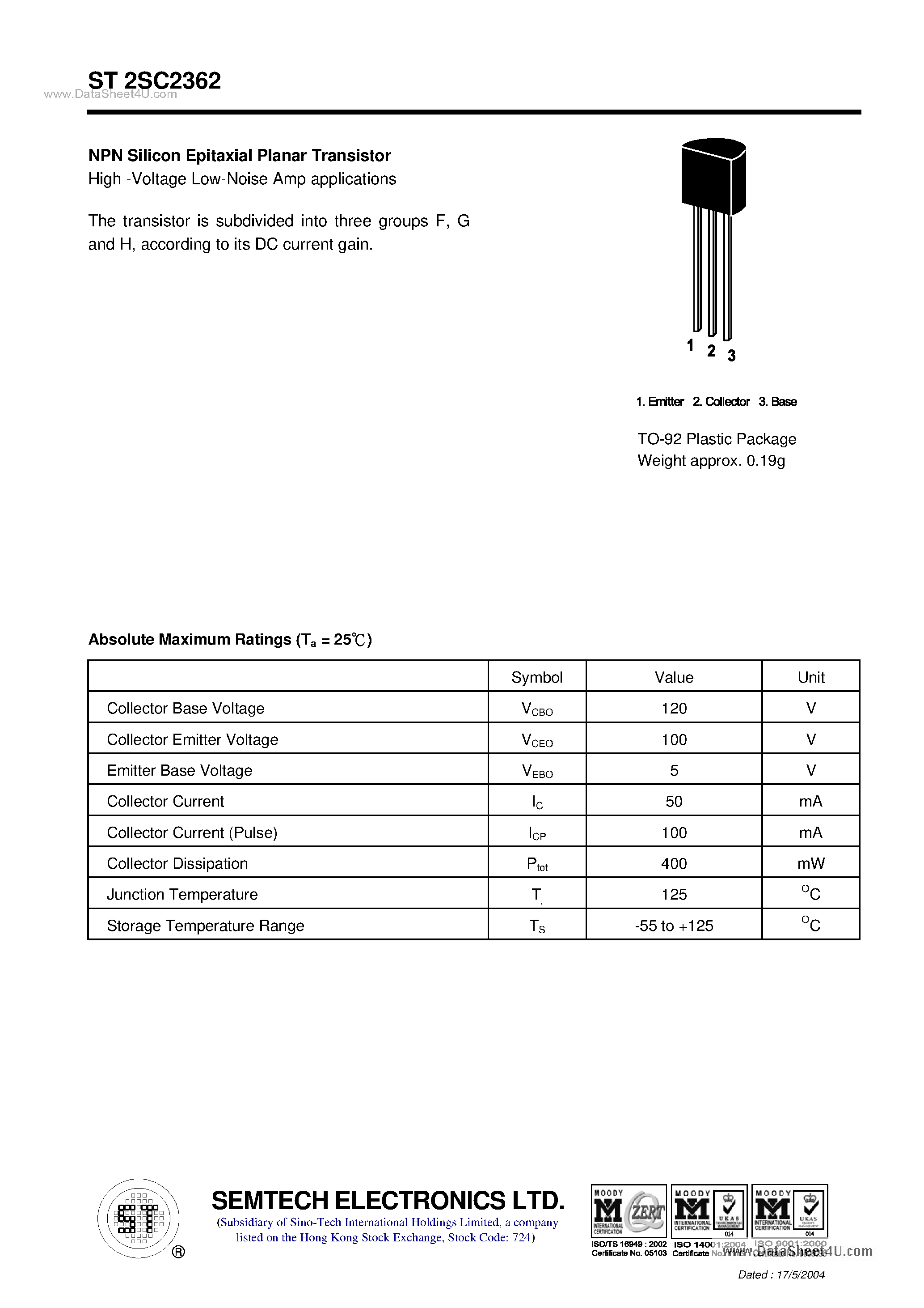 Datasheet ST2SC2362 page 1 Datasheet ST2SC2362 - NPN Silicon Epitaxial Planar Transistor page 1