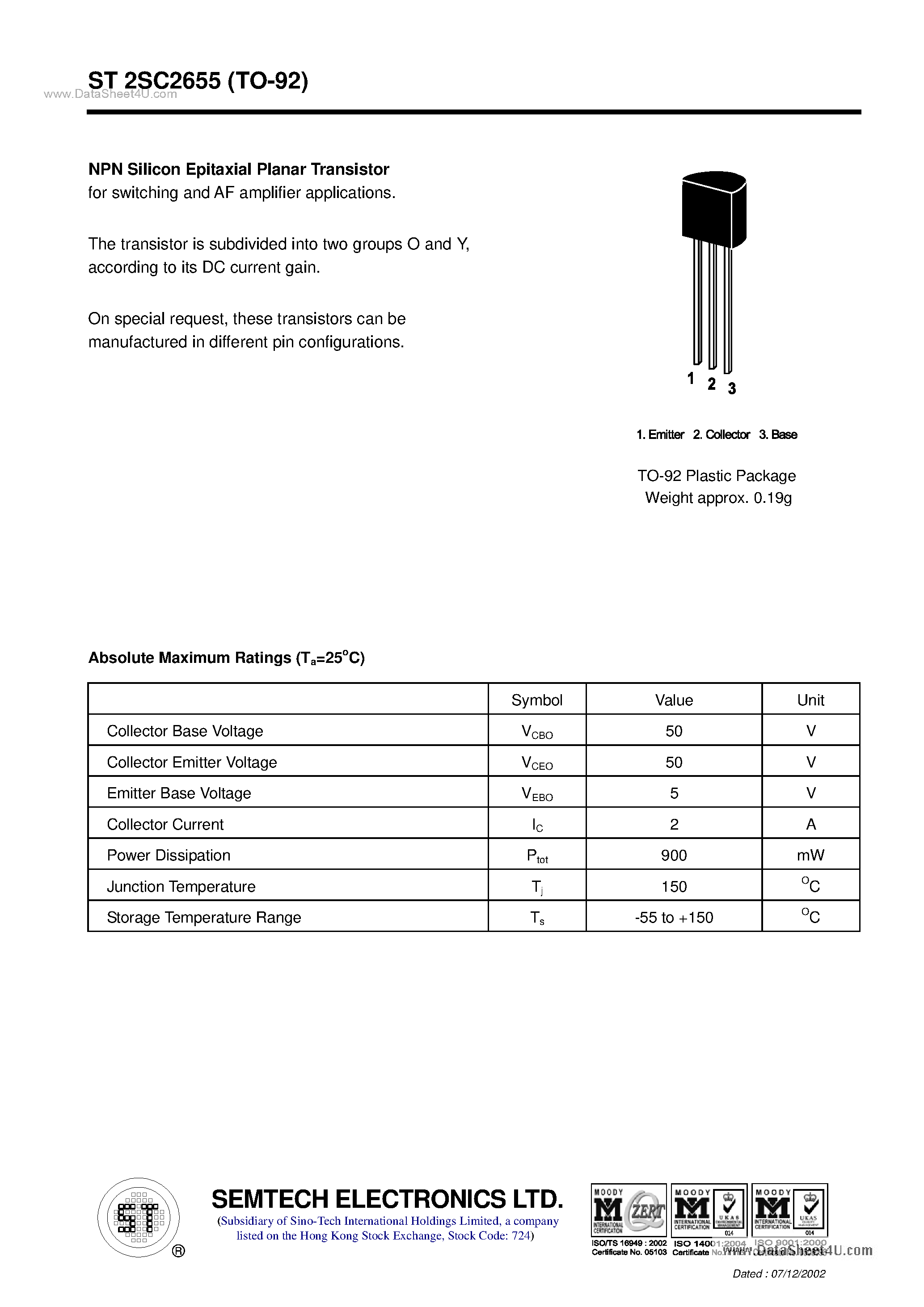 Datasheet ST2SC2655 - NPN Silicon Epitaxial Planar Transistor page 1