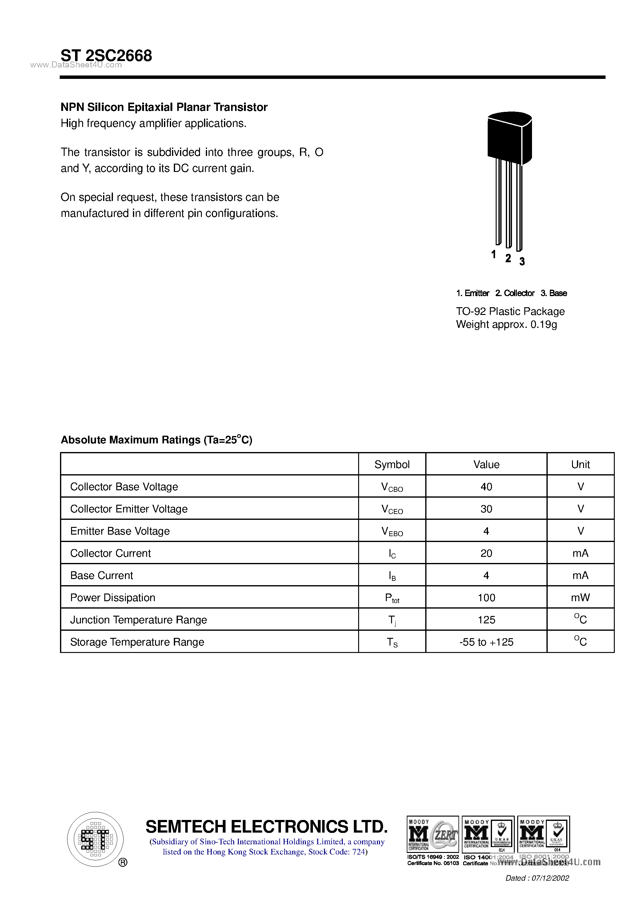 Datasheet ST2SC2668 page 1 Datasheet ST2SC2668 - NPN Silicon Epitaxial Planar Transistor page 1