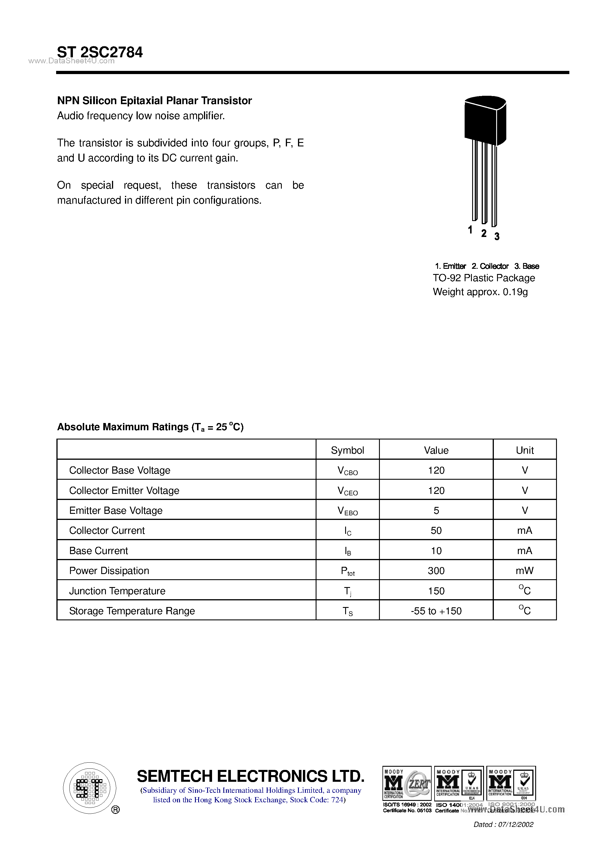 Datasheet ST2SC2784 page 1 Datasheet ST2SC2784 - NPN Silicon Epitaxial Planar Transistor page 1