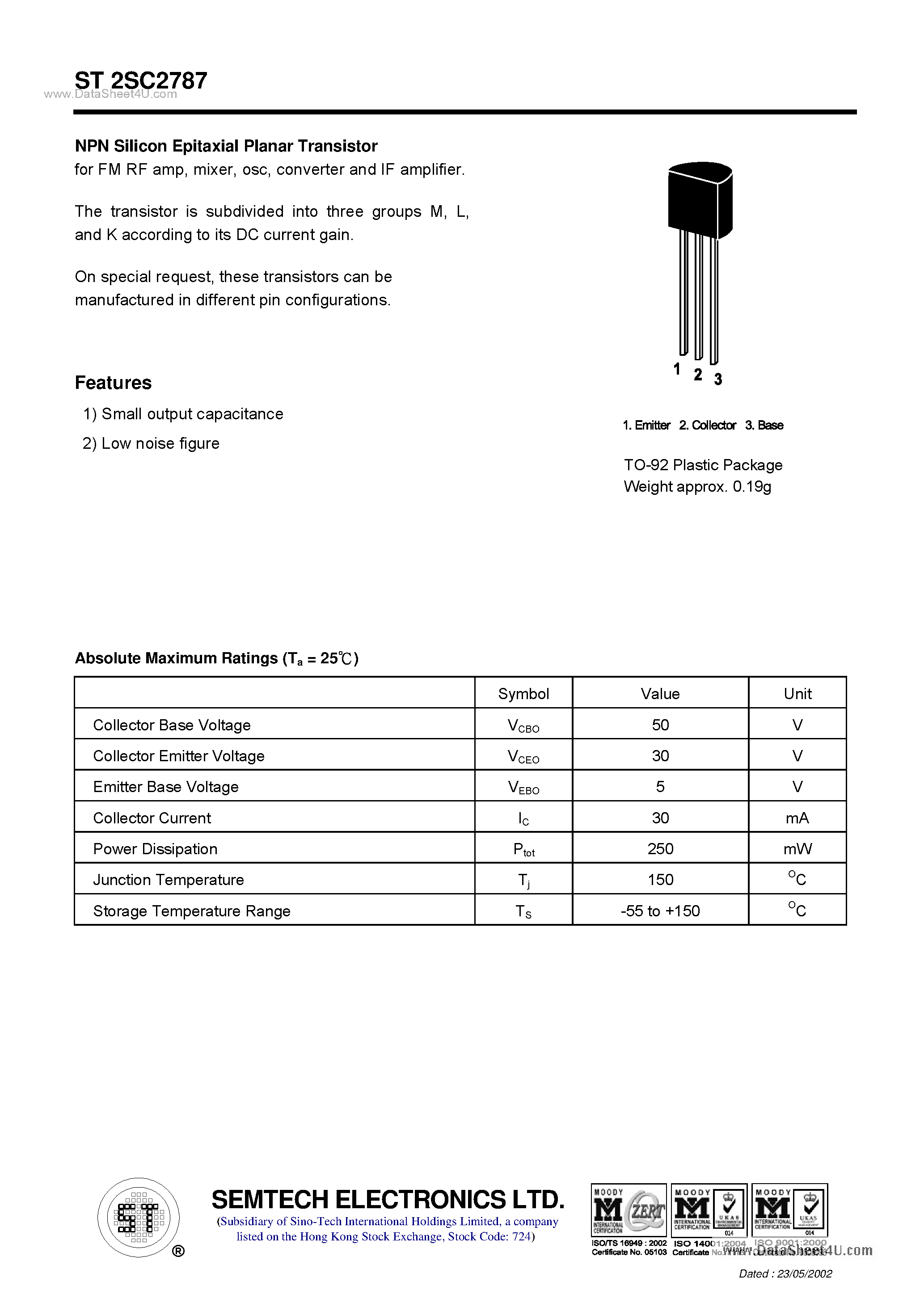 Datasheet ST2SC2787 page 1 Datasheet ST2SC2787 - NPN Silicon Epitaxial Planar Transistor page 1