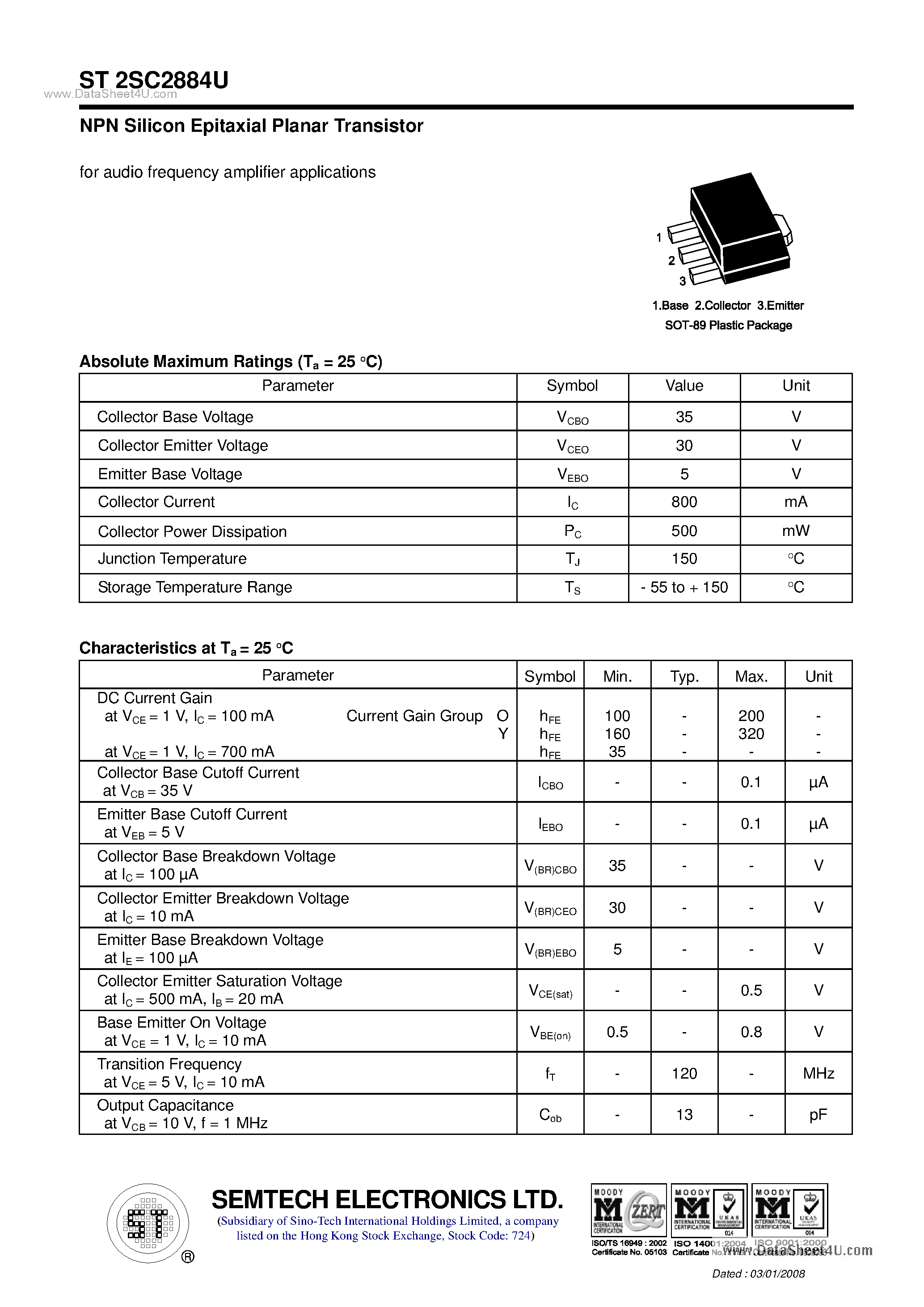 Datasheet ST2SC2884U page 1 Datasheet ST2SC2884U - NPN Silicon Epitaxial Planar Transistor page 1