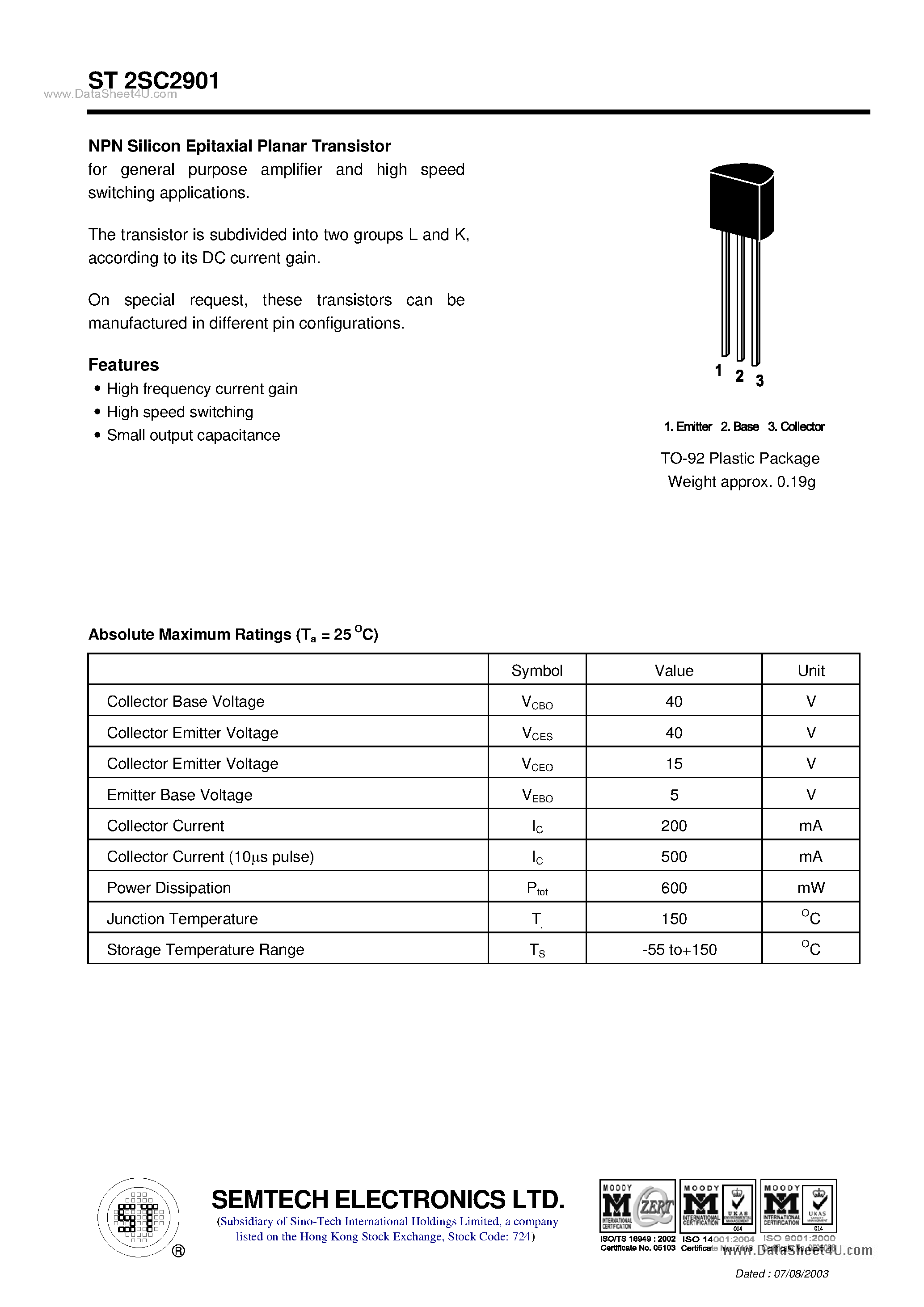 Datasheet ST2SC2901 page 1 Datasheet ST2SC2901 - NPN Silicon Epitaxial Planar Transistor page 1