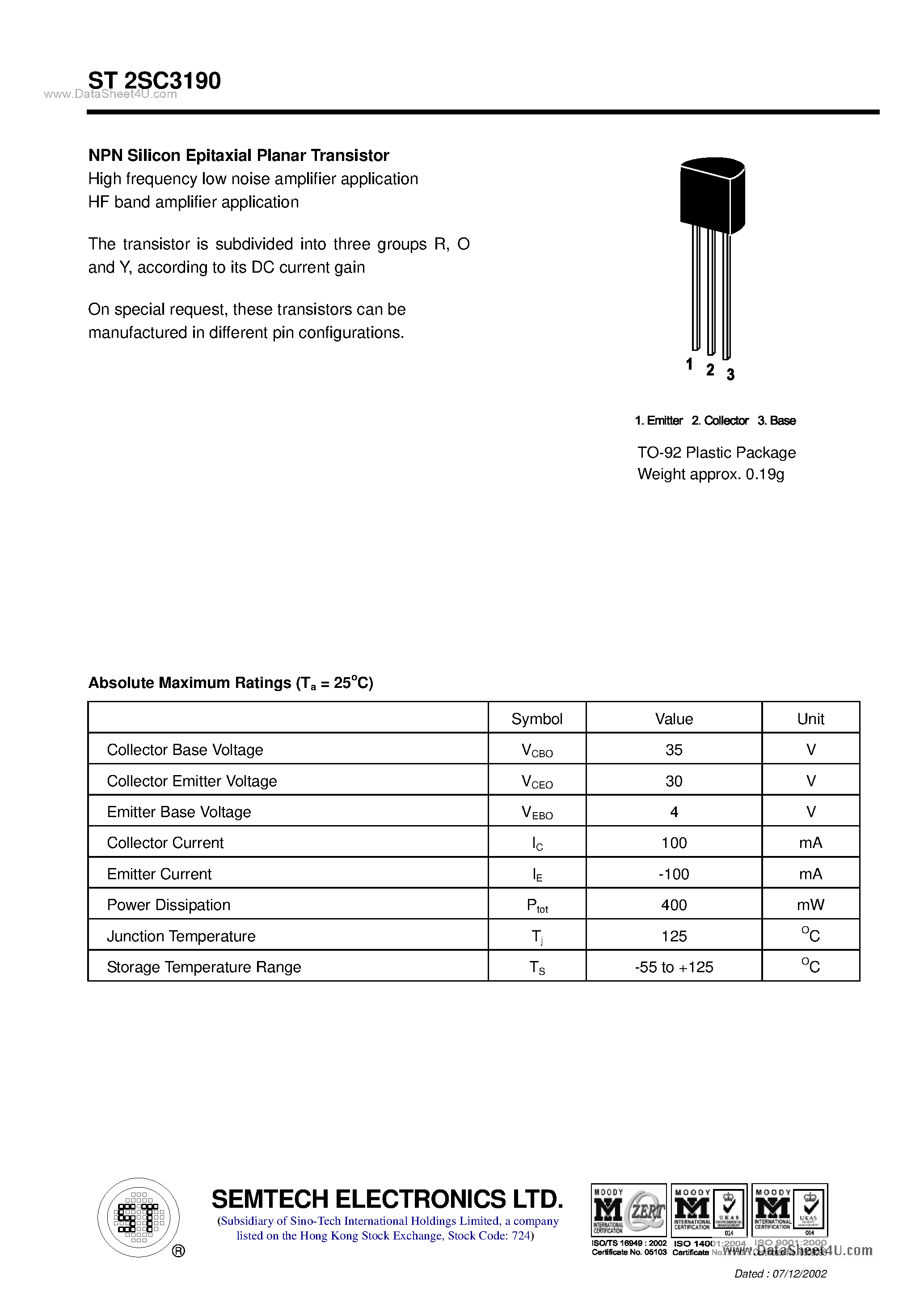 Datasheet ST2SC3190 page 1 Datasheet ST2SC3190 - NPN Silicon Epitaxial Planar Transistor page 1