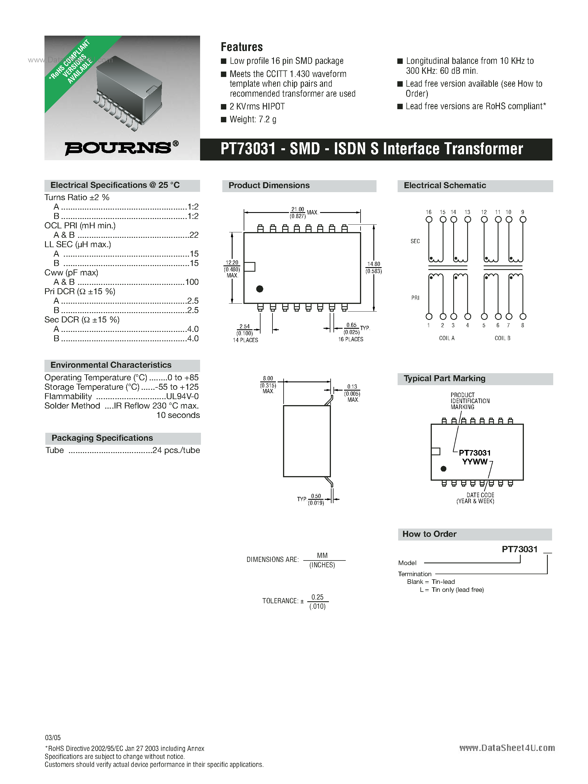 Datasheet PT73031 - SMD - ISDN S Interface Transformer page 1