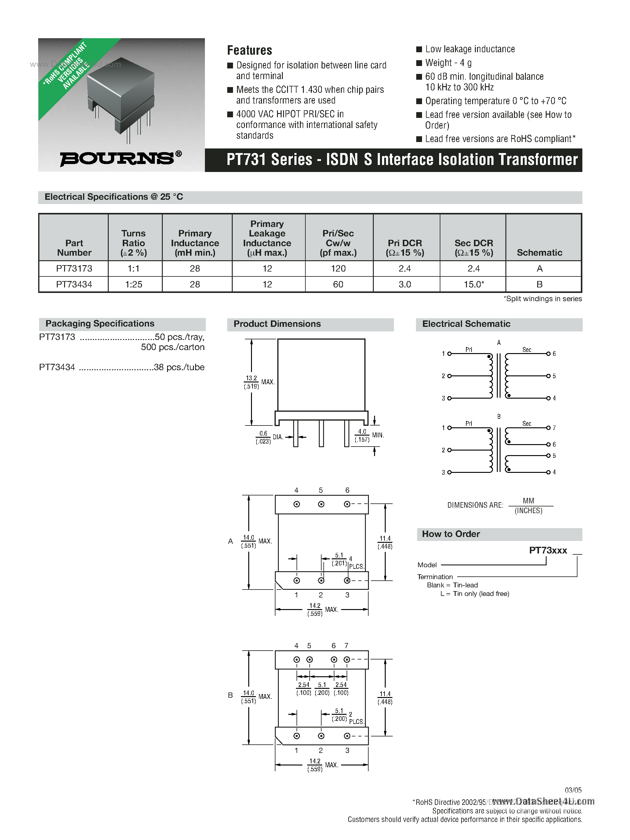 Datasheet PT731 - ISDN S Interface Isolation Transformer page 1