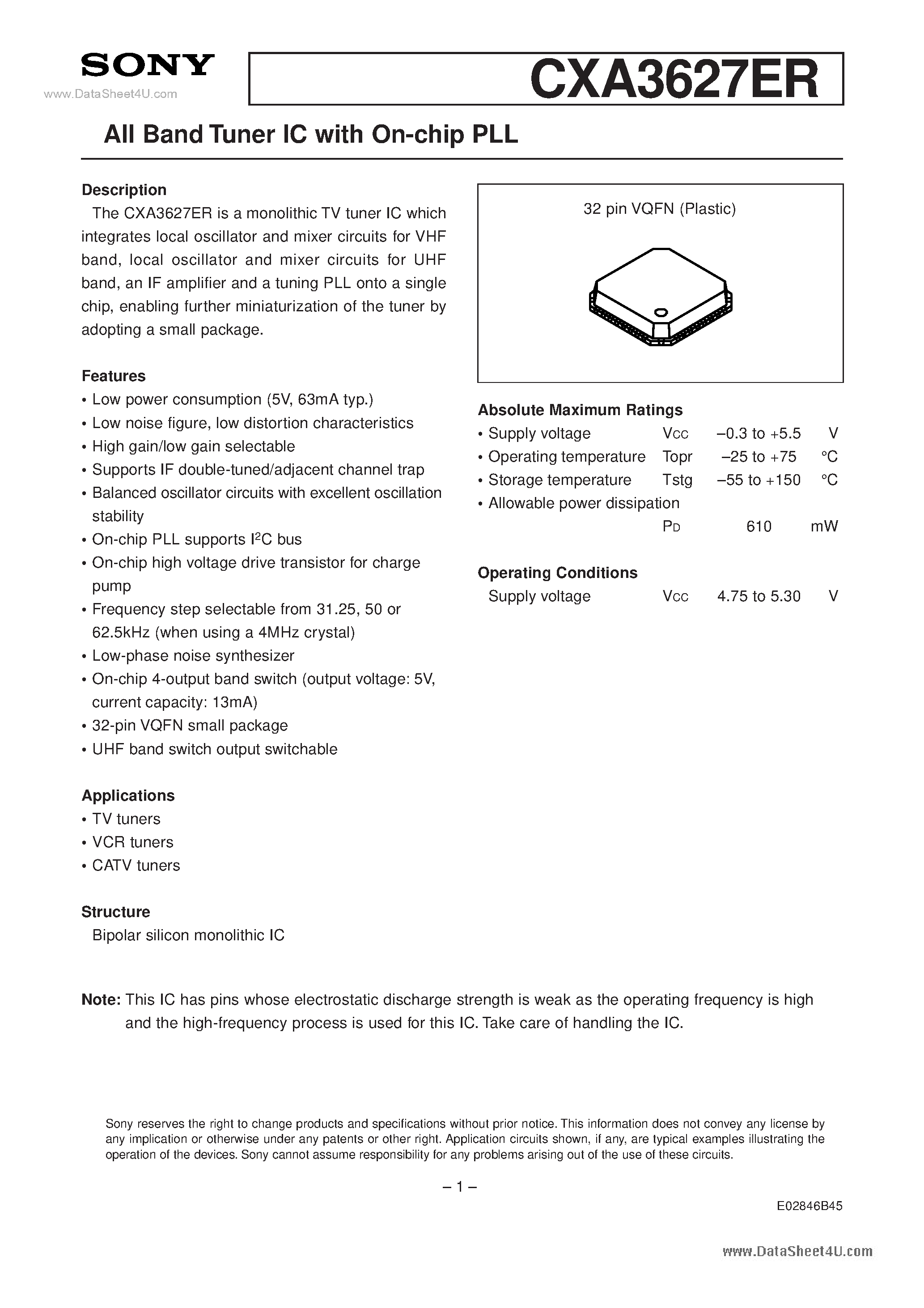 Даташит на микросхему CXA3627ER страница 1 Даташит CXA3627ER - All Band Tuner IC страница 1