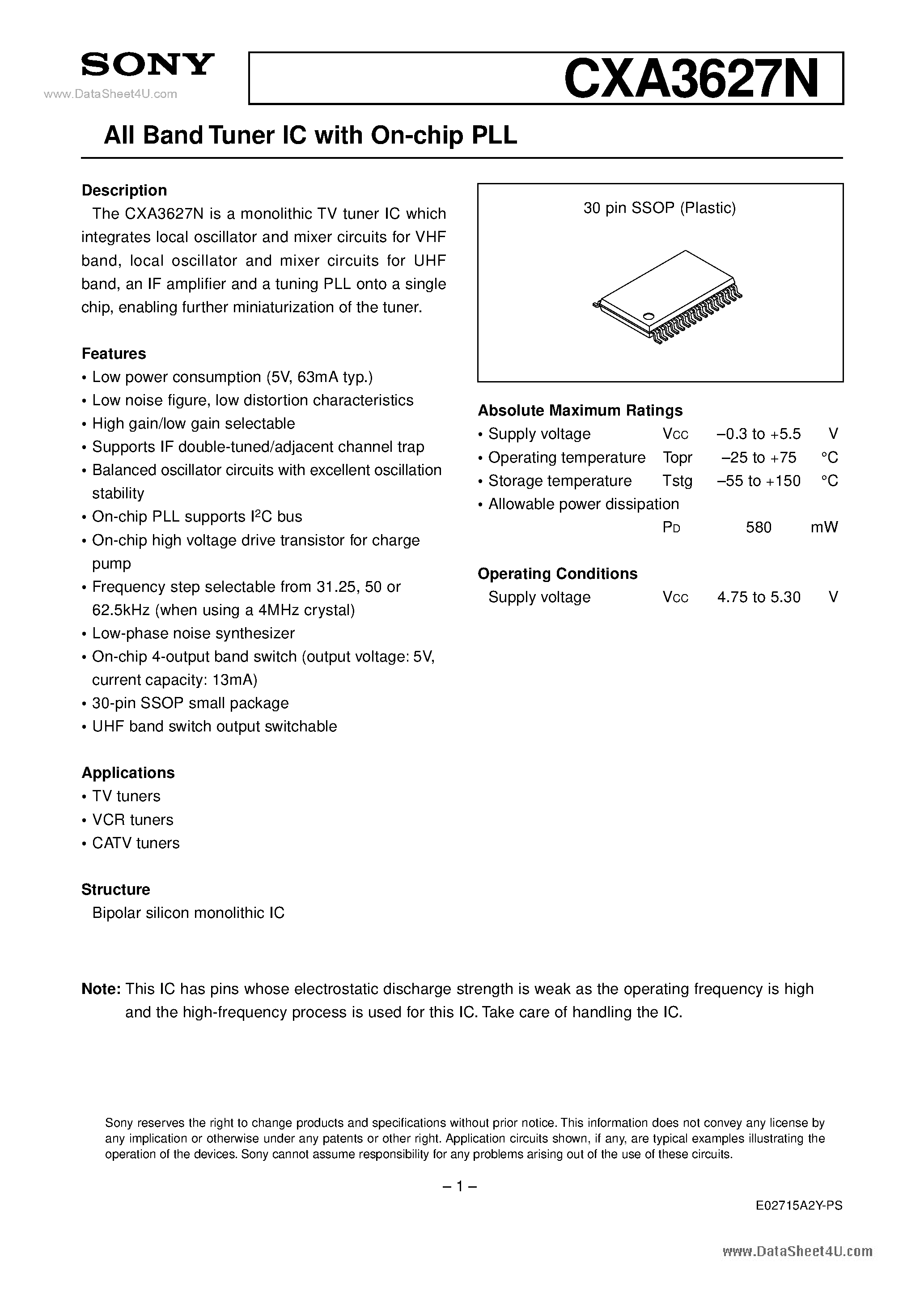 Даташит на микросхему CXA3627N страница 1 Даташит CXA3627N - All Band Tuner IC страница 1