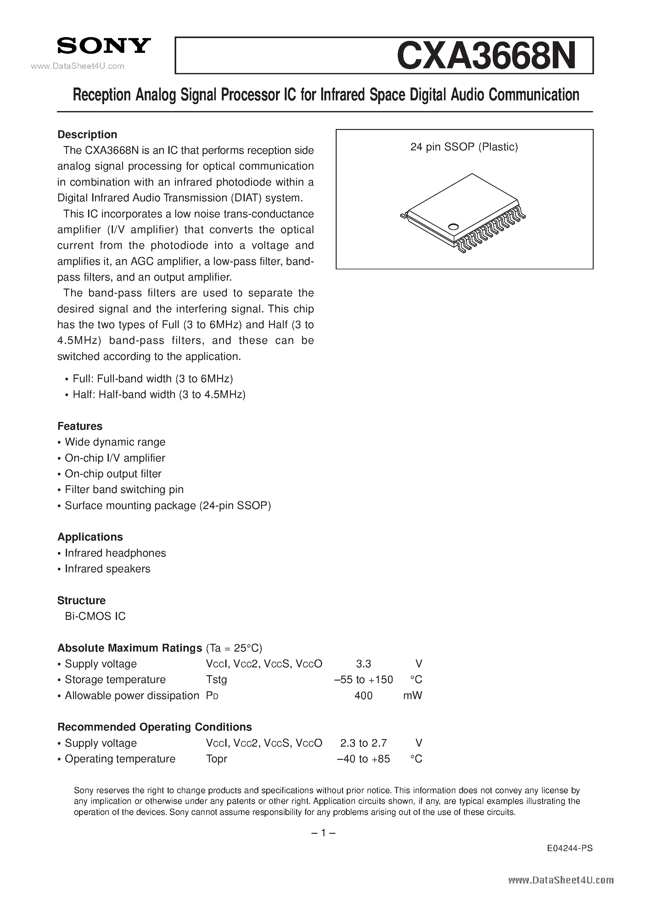 Datasheet CXA3668N - Reception Analog Signal Processor IC page 1