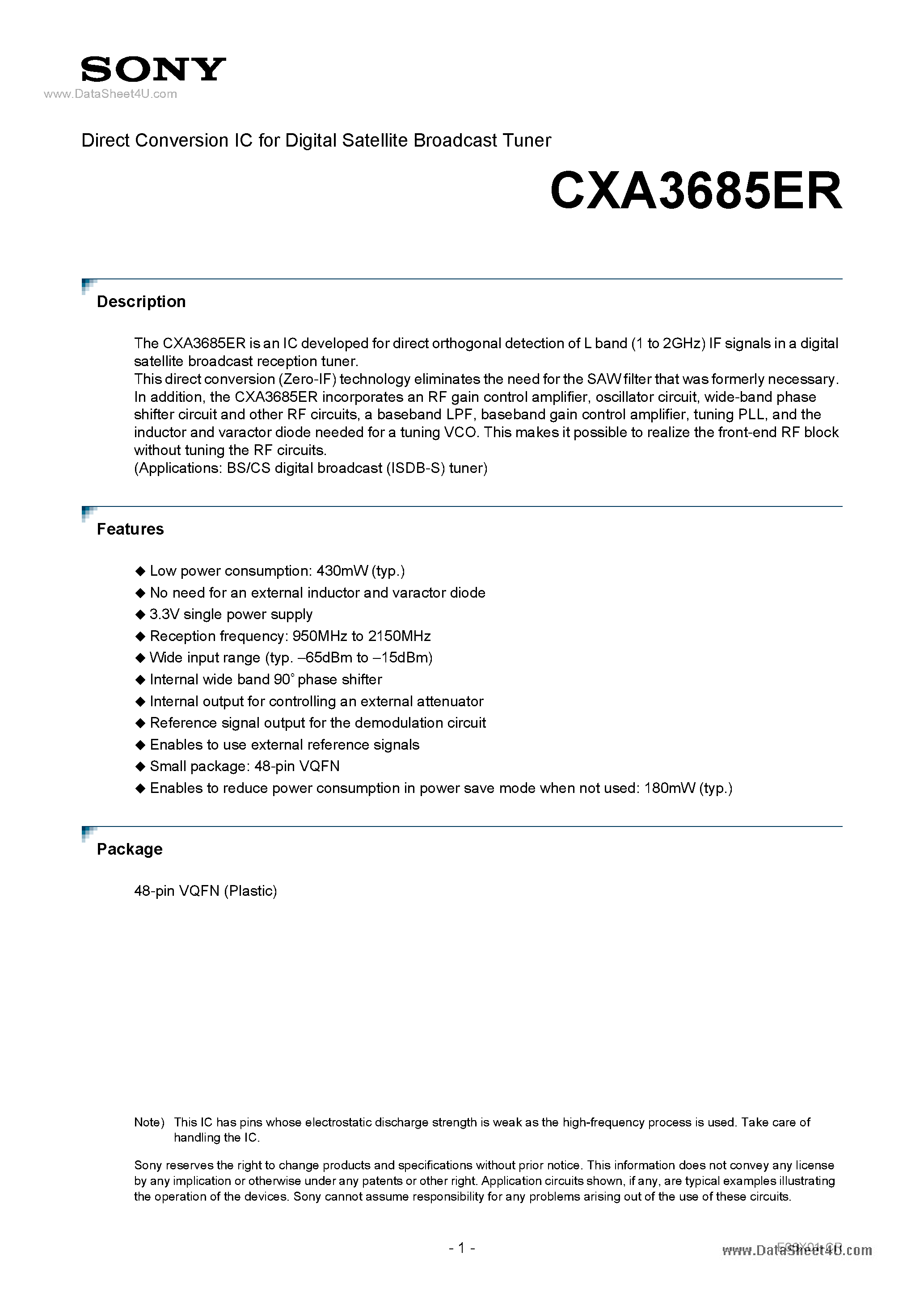 Datasheet CXA3685ER - Direct Conversion IC page 1