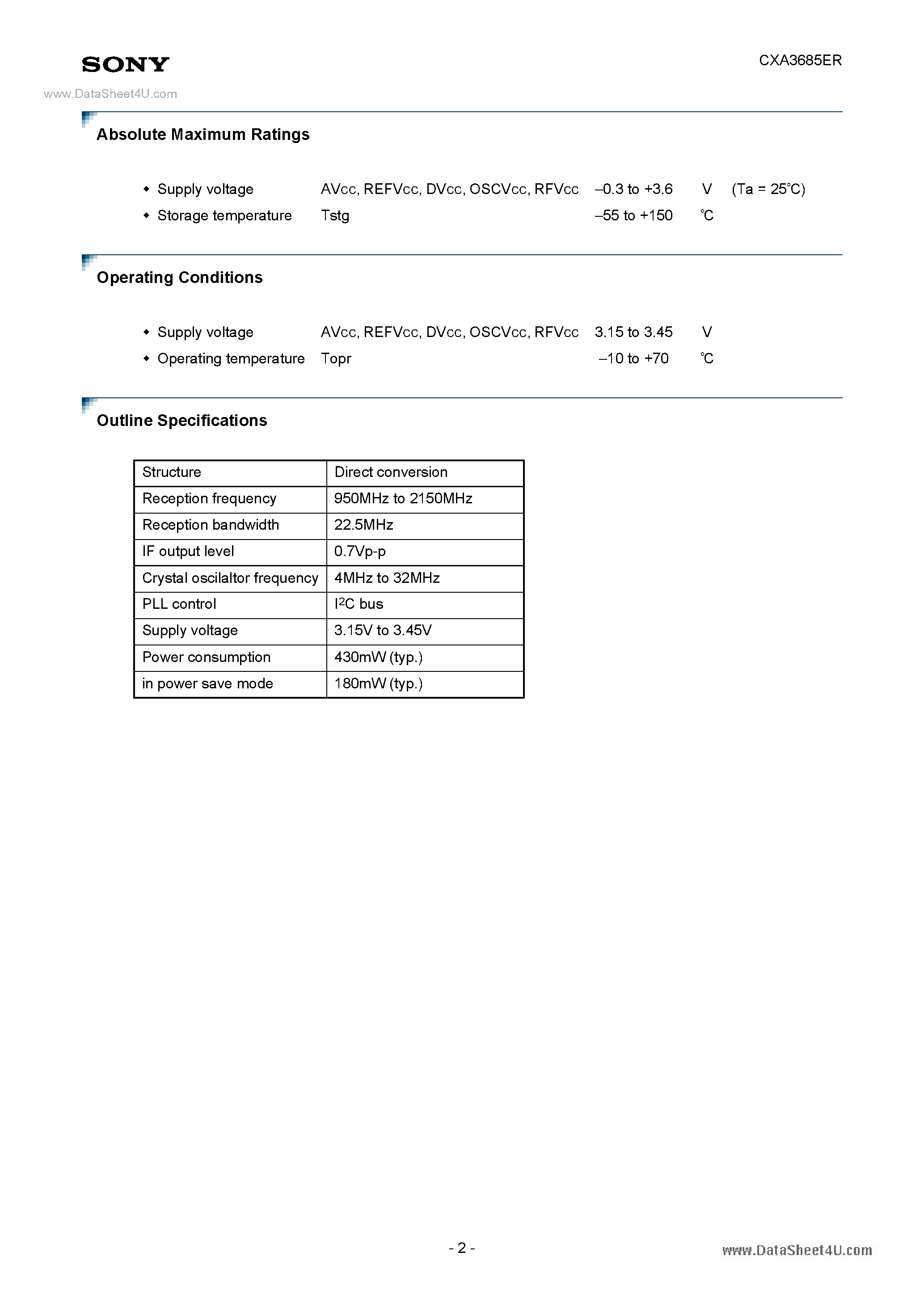 Datasheet CXA3685ER - Direct Conversion IC page 2