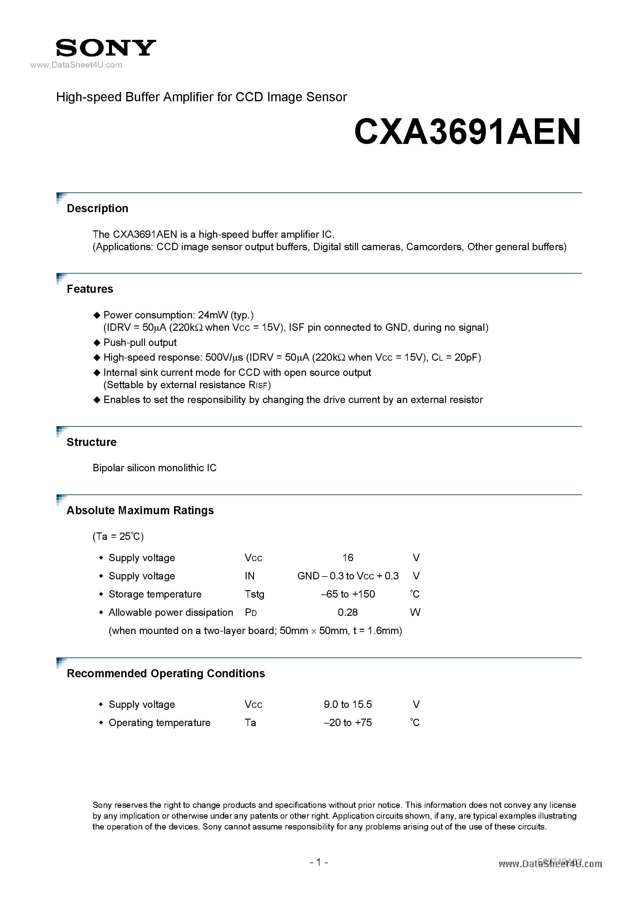 Datasheet CXA3691AEN page 1 Datasheet CXA3691AEN - High-speed Buffer Amplifier page 1