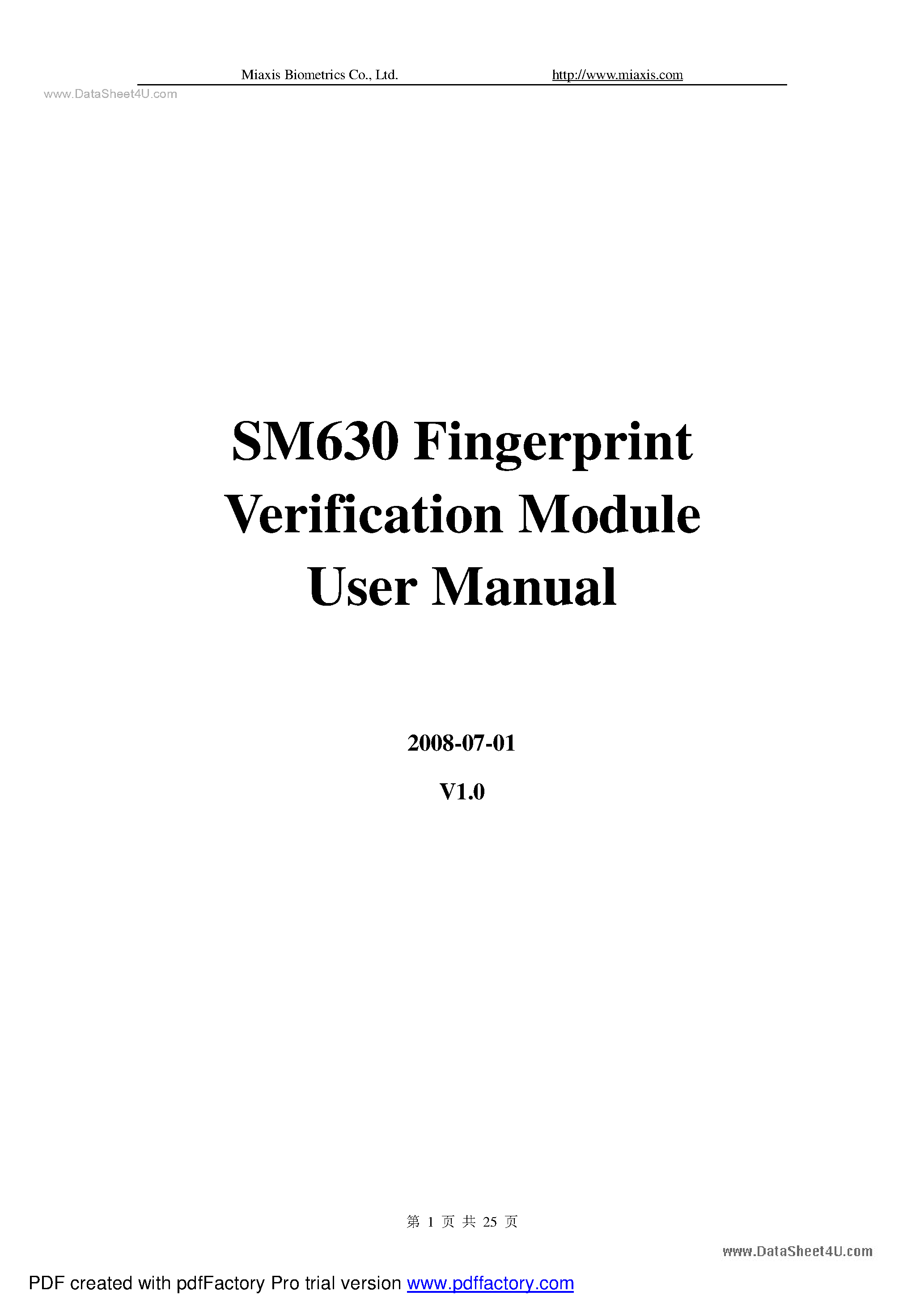Datasheet SM630 page 1 Datasheet SM630 - Finger Print Verfication Module User manual page 1