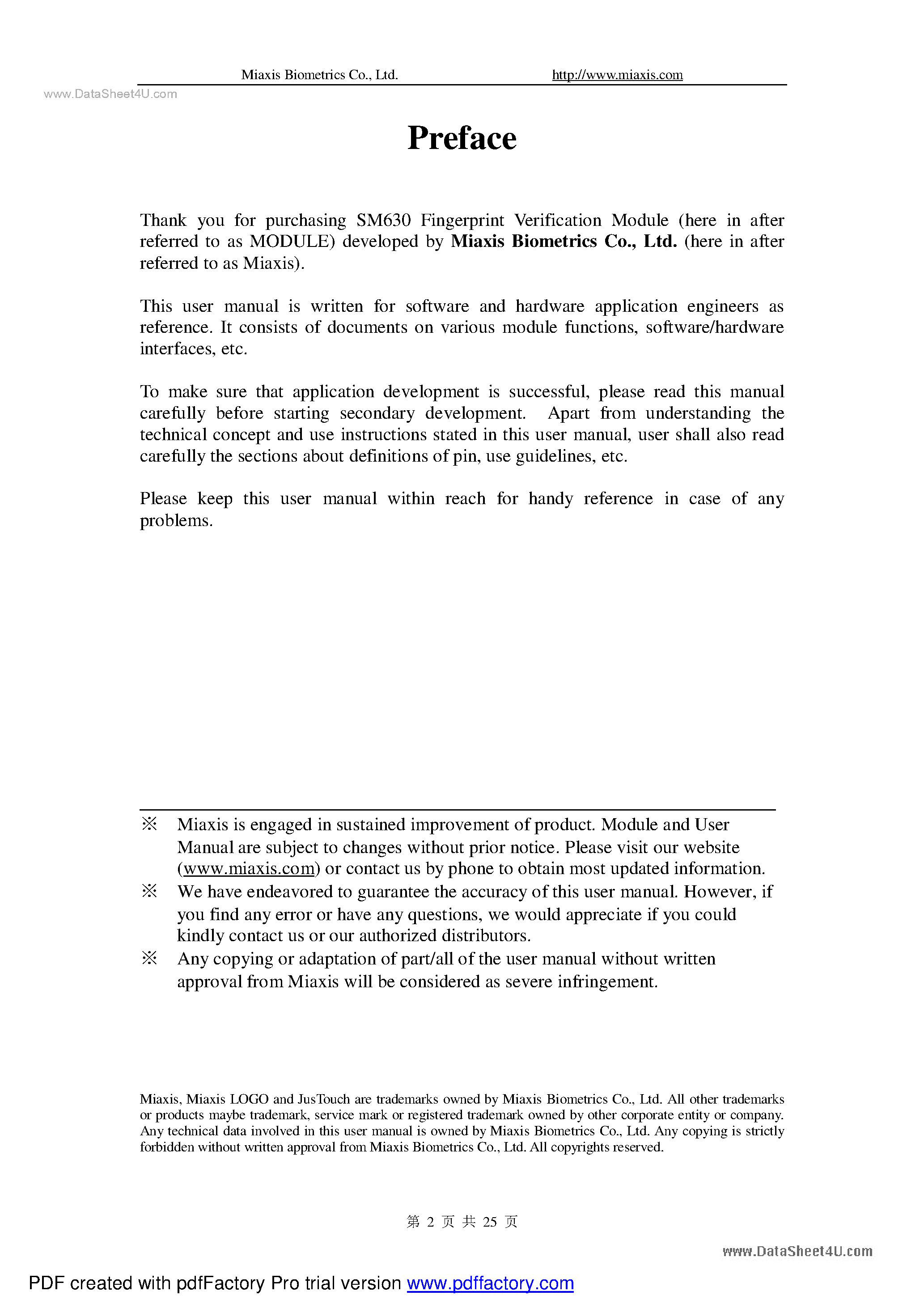 Datasheet SM630 page 2 Datasheet SM630 - Finger Print Verfication Module User manual page 2