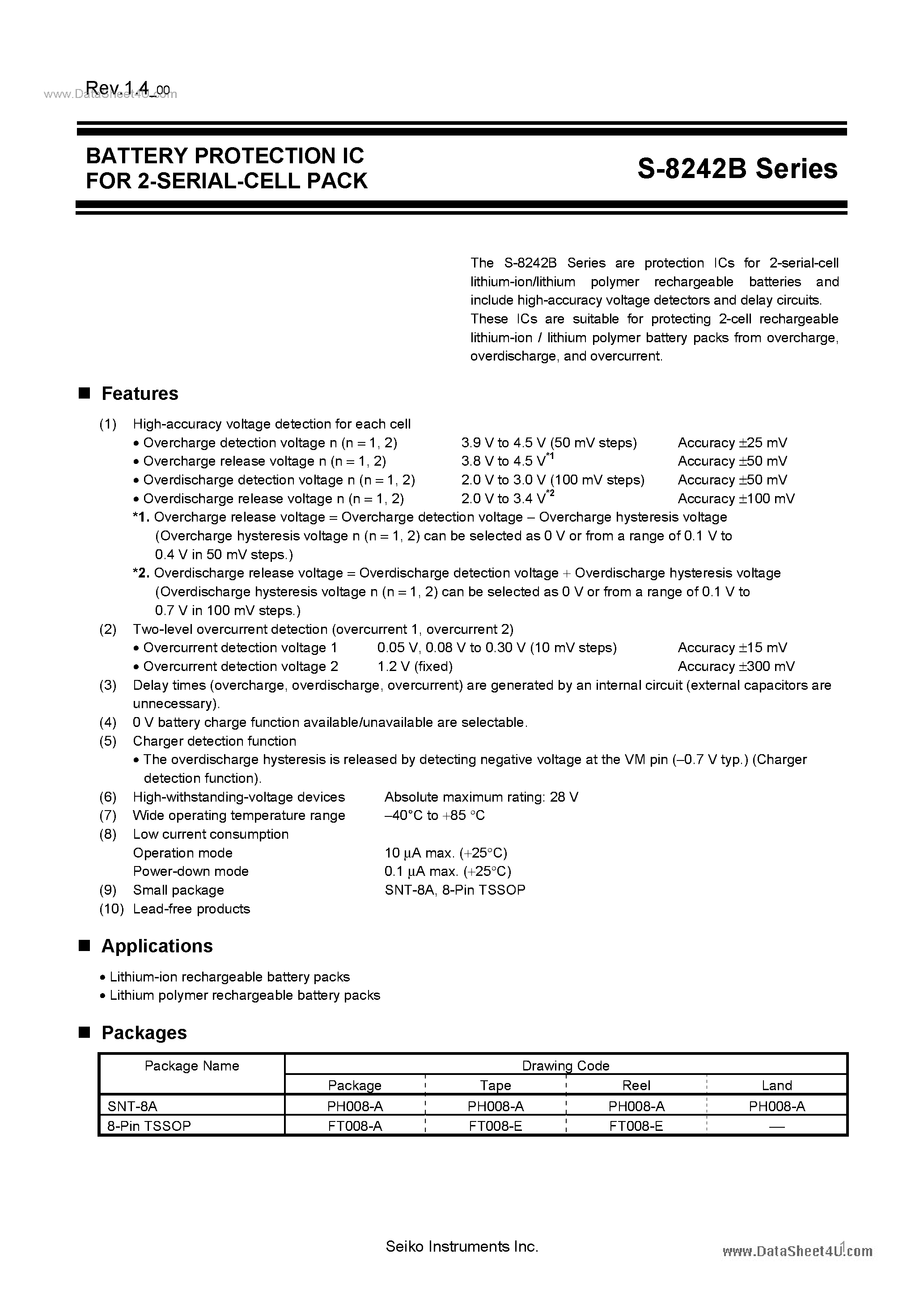 Datasheet S-8242B - BATTERY PROTECTION IC page 1