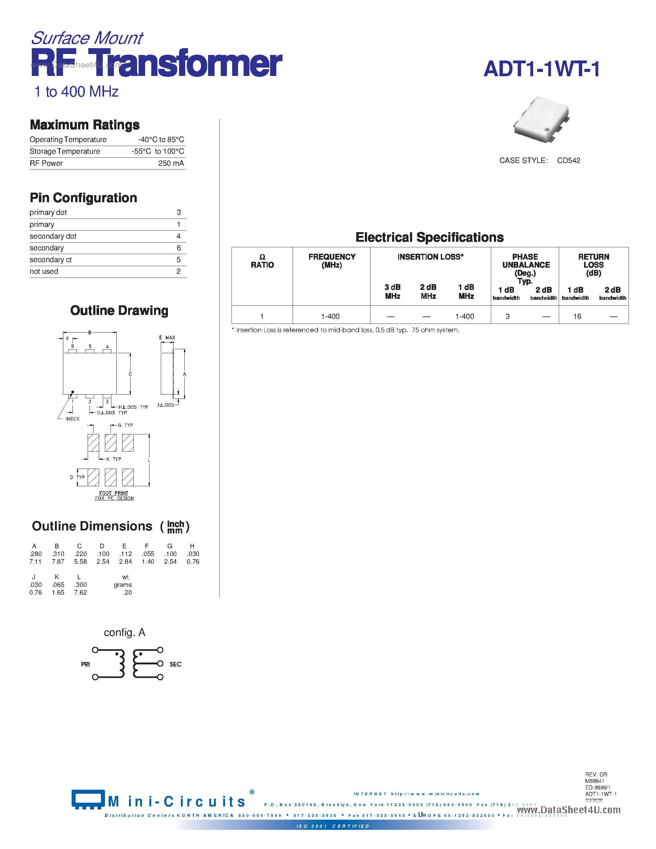Даташит ADT1-1WT-1 - Surface Mount RF Transformer страница 1