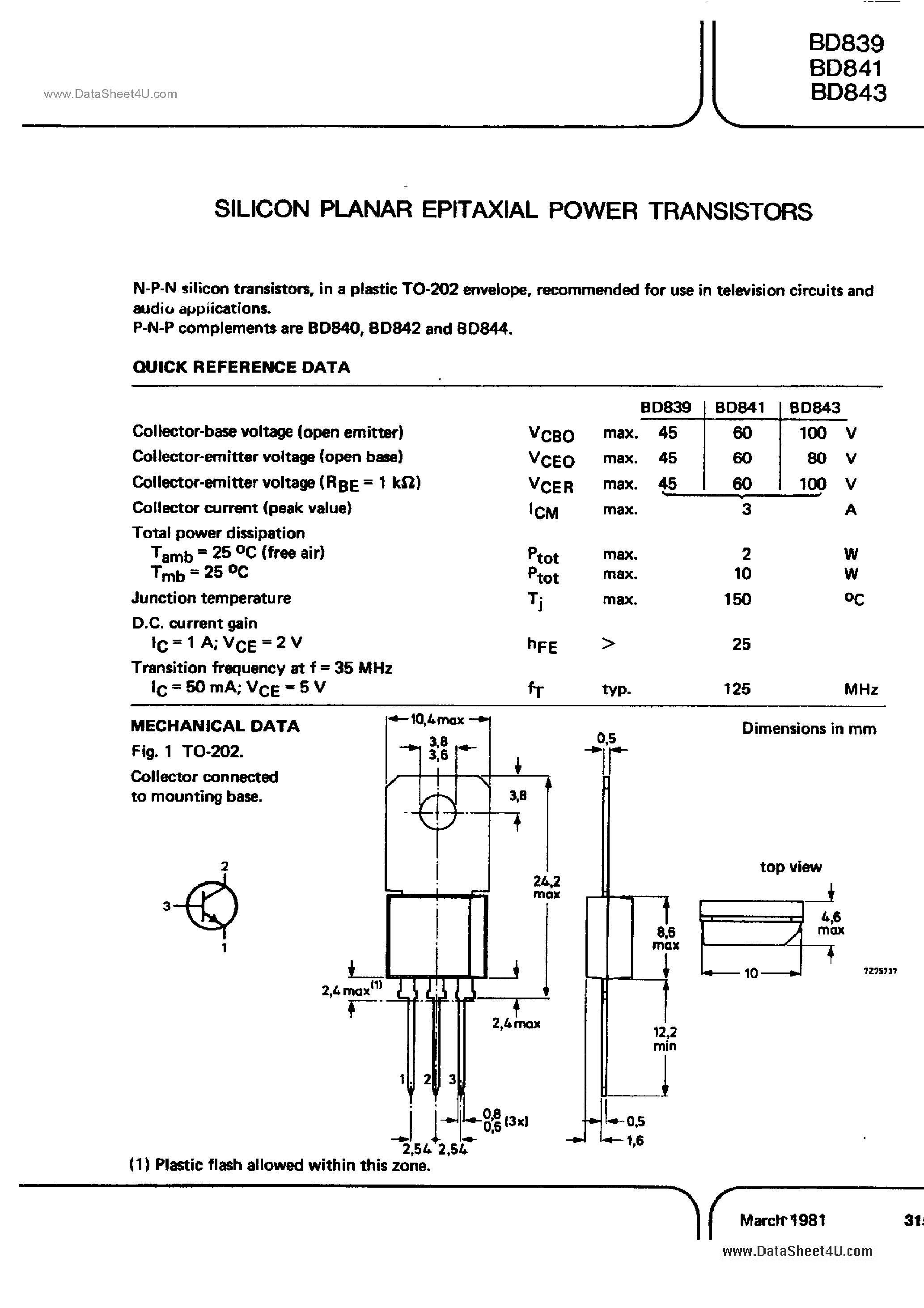Даташит BD839 - (BD839 - BD843) Silicon Planar Epitaxial Power Transistors страница 1