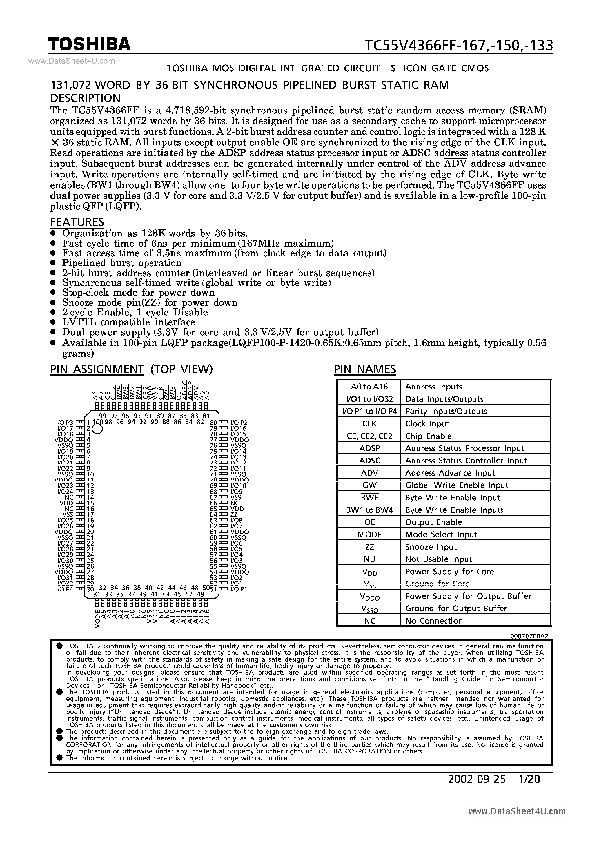 Datasheet TC55V4366FF-133 page 1 Datasheet TC55V4366FF-133 - MOS DIGITAL INTEGRATED CIRCUIT SILICON GATE CMOS page 1