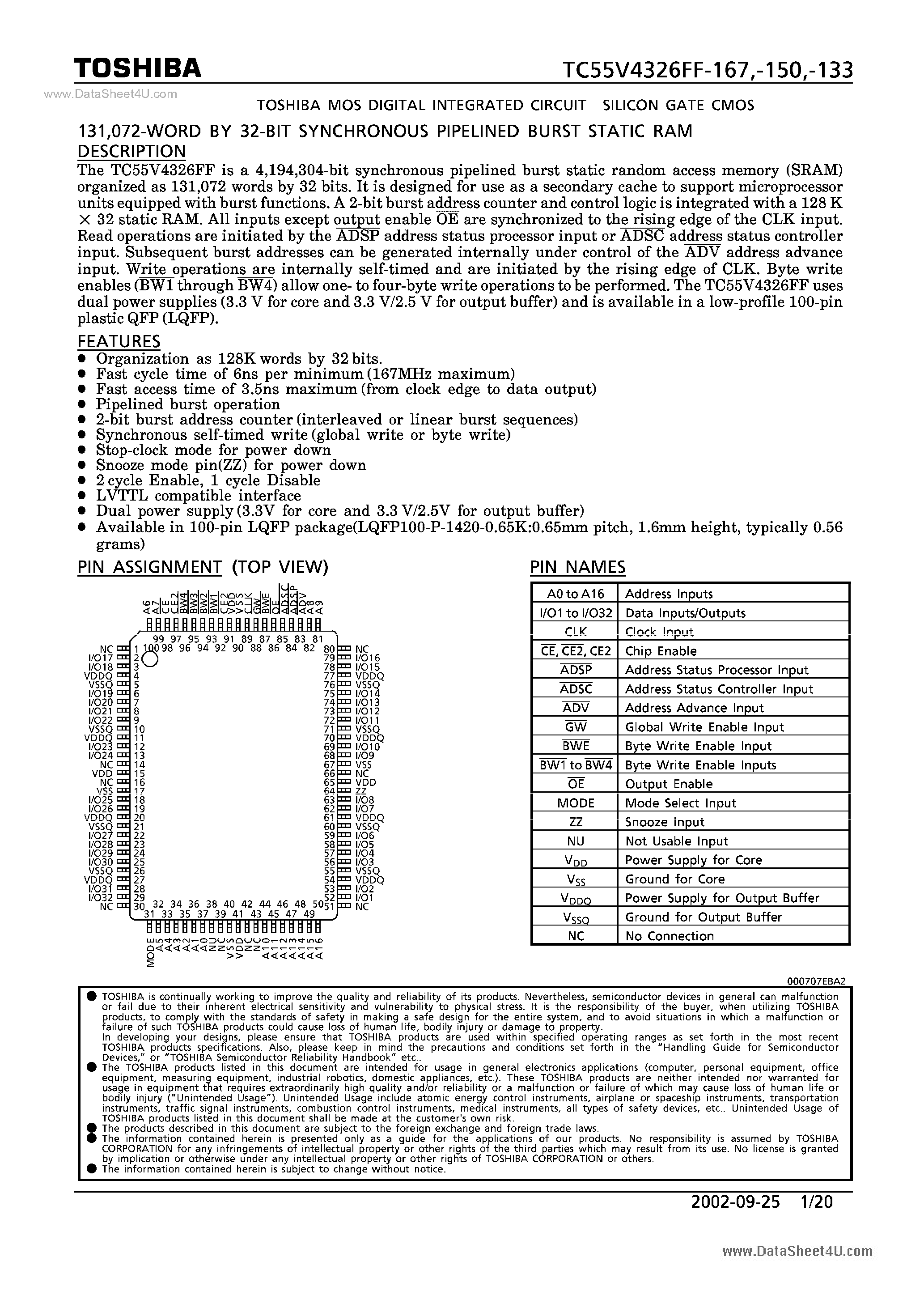 Datasheet TC55V4326FF-133 - MOS DIGITAL INTEGRATED CIRCUIT SILICON GATE CMOS page 1
