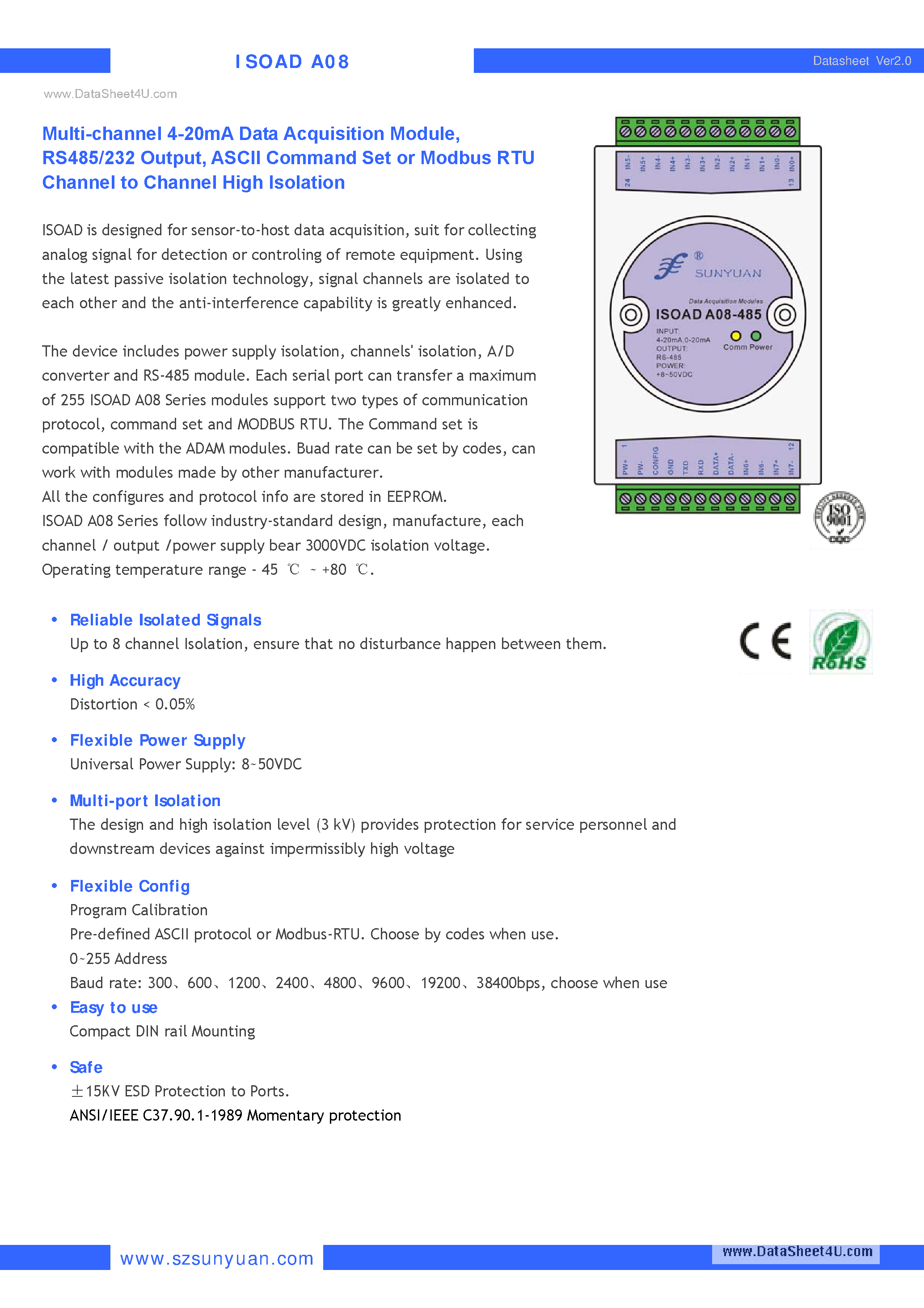Даташит ISOADA08 - 8-Channel Isolated 4-20mA to RS485 Converter страница 1