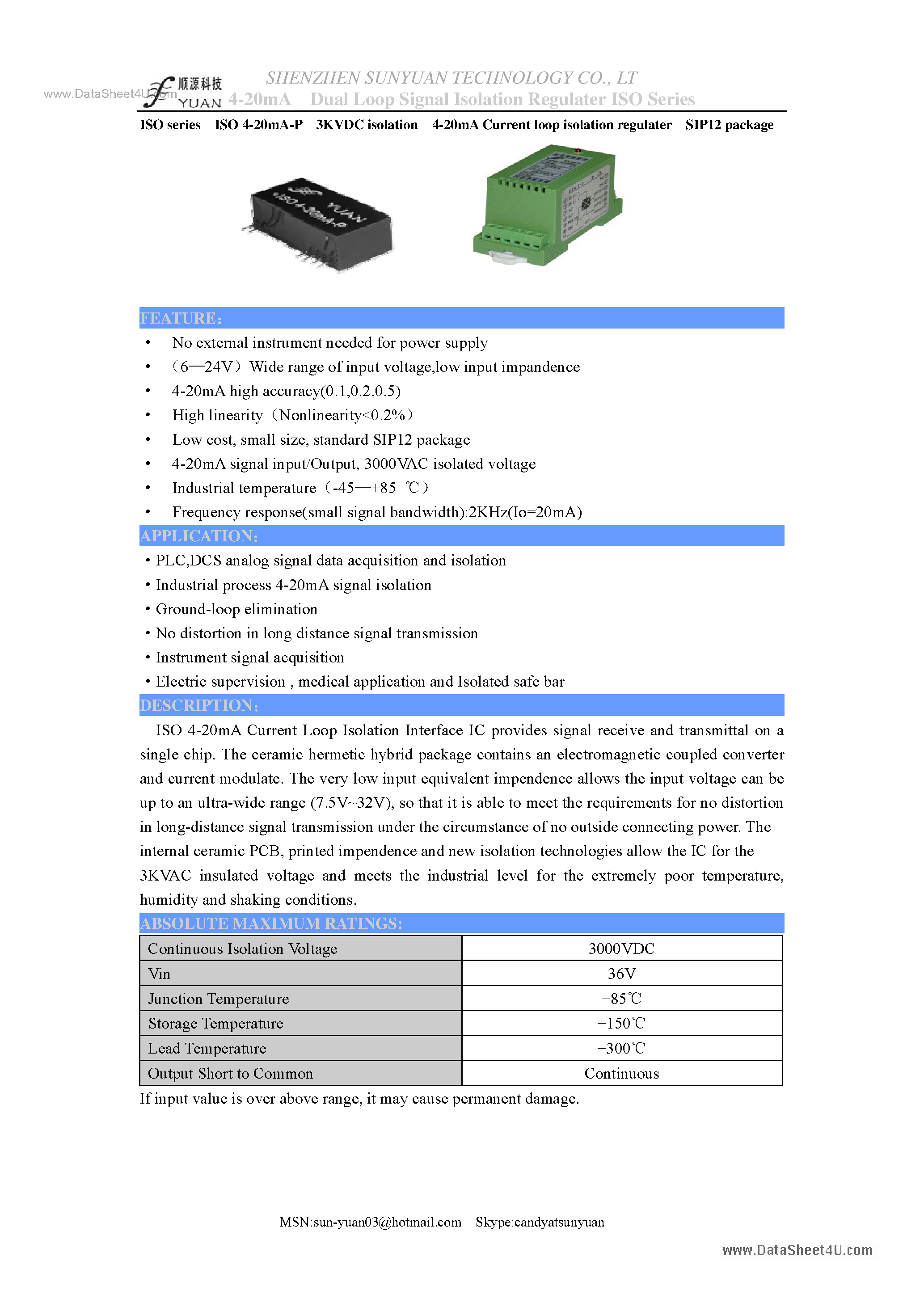 Datasheet ISO4-20mA-P page 1 Datasheet ISO4-20mA-P - Two wires 4-20mA Isolation Amplifier page 1