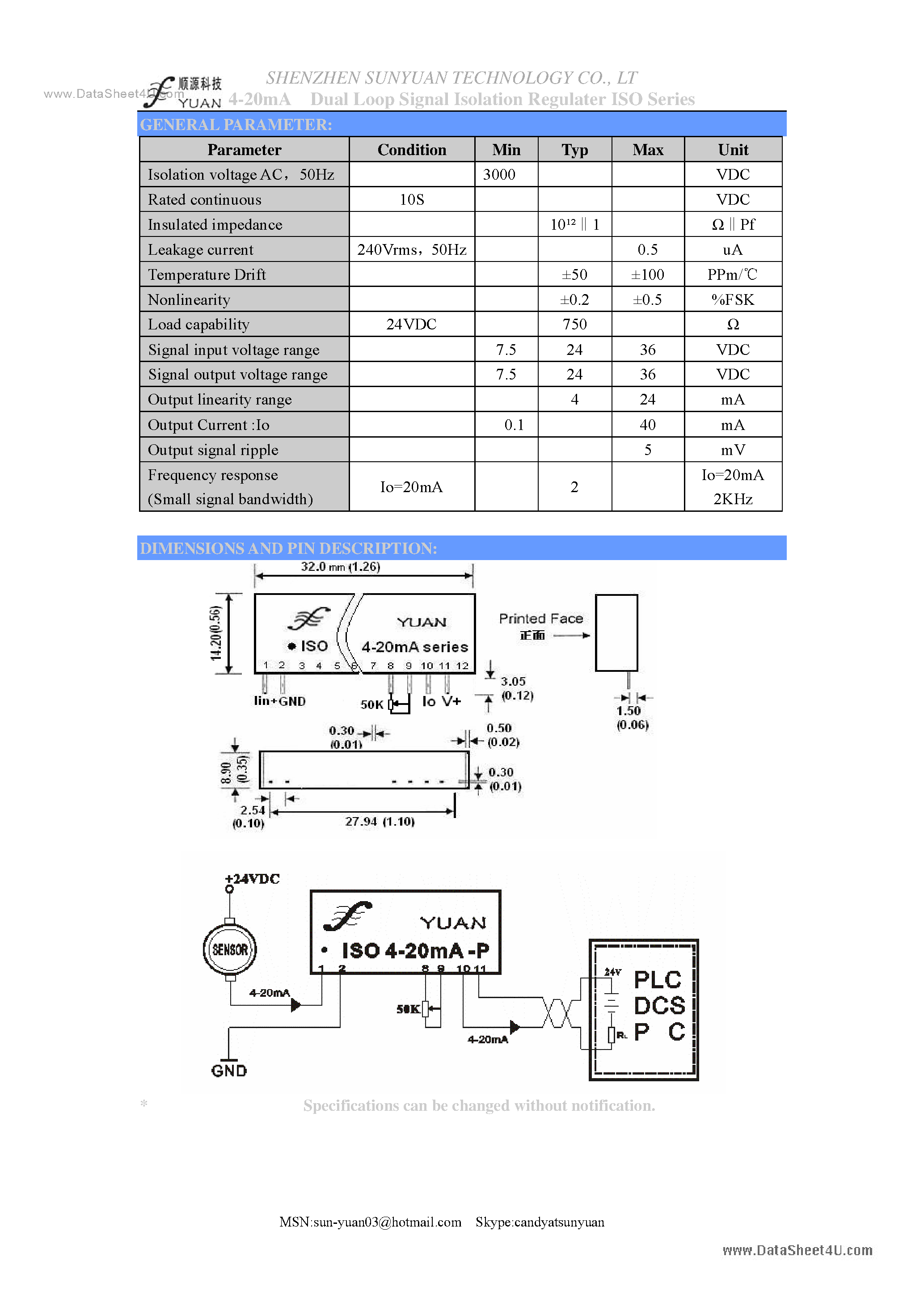 Datasheet ISO4-20mA-P page 2 Datasheet ISO4-20mA-P - Two wires 4-20mA Isolation Amplifier page 2