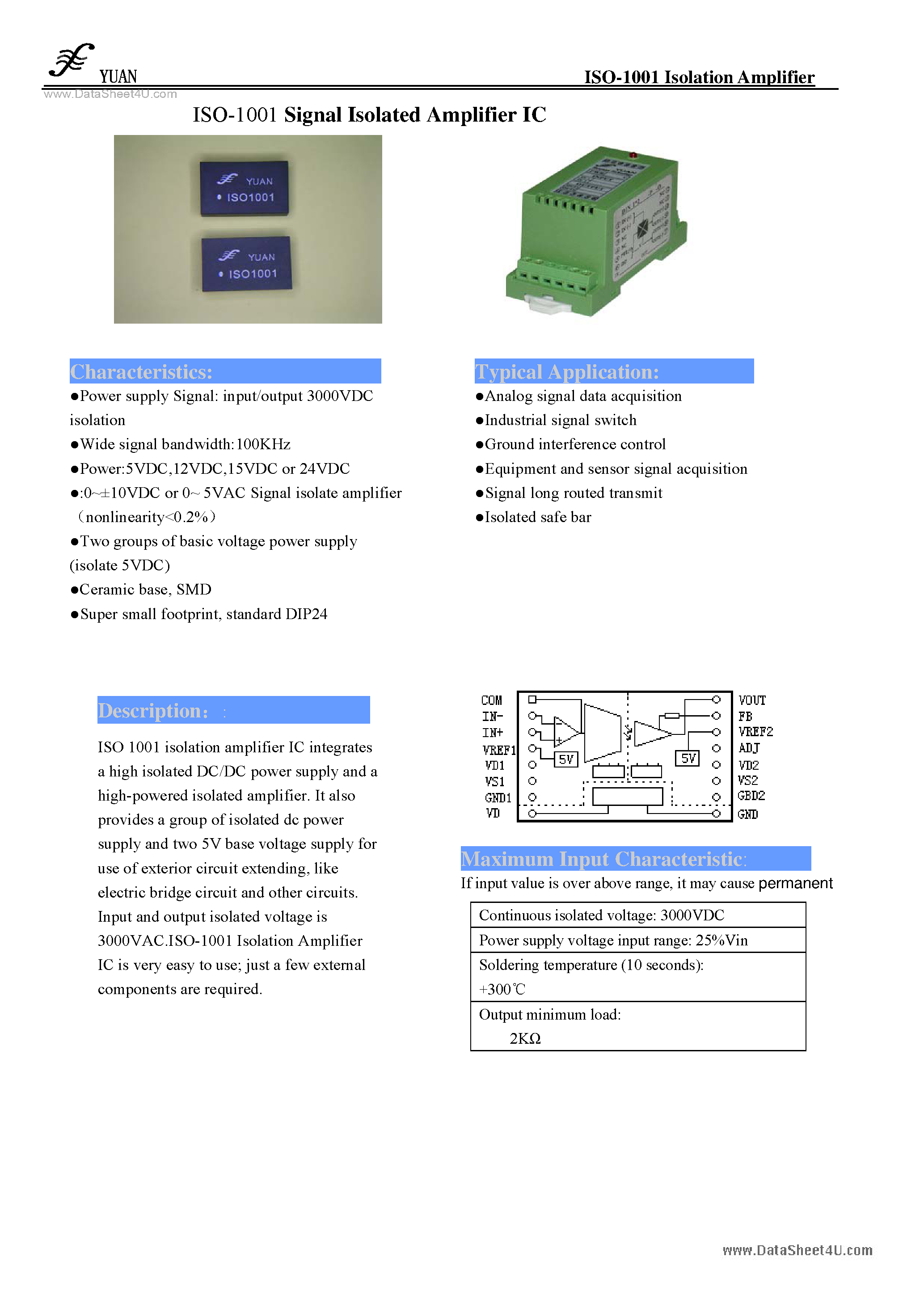 Datasheet ISO-1001 - 0-+/-10VDC or 0-5V AC Signal Converter page 1
