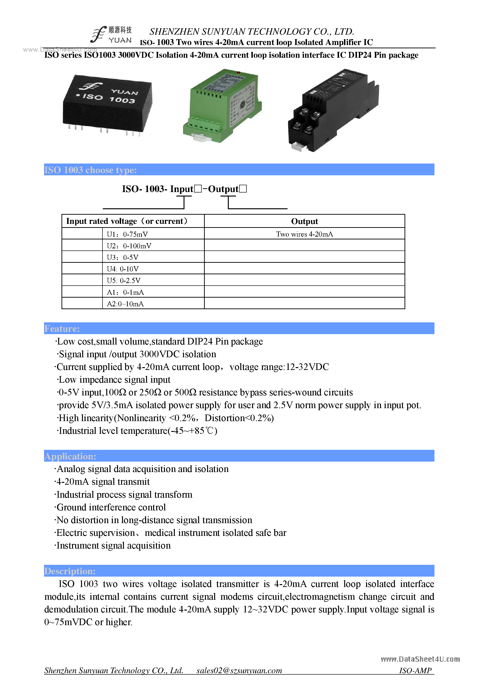 Datasheet ISO1003-xx-x page 1 Datasheet ISO1003-xx-x - Two Wires 4-20mA Isolated Signal Transmitter page 1
