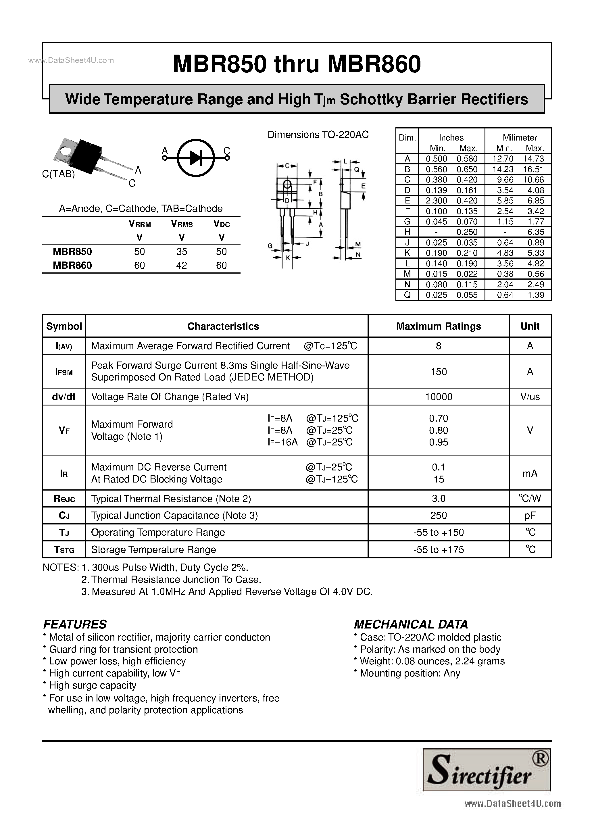 Datasheet MBR850 page 1 Datasheet MBR850 - (MBR850 / MBR860) Wide Temperature Range and High Tjm Schottky Barrier Rectifiers page 1