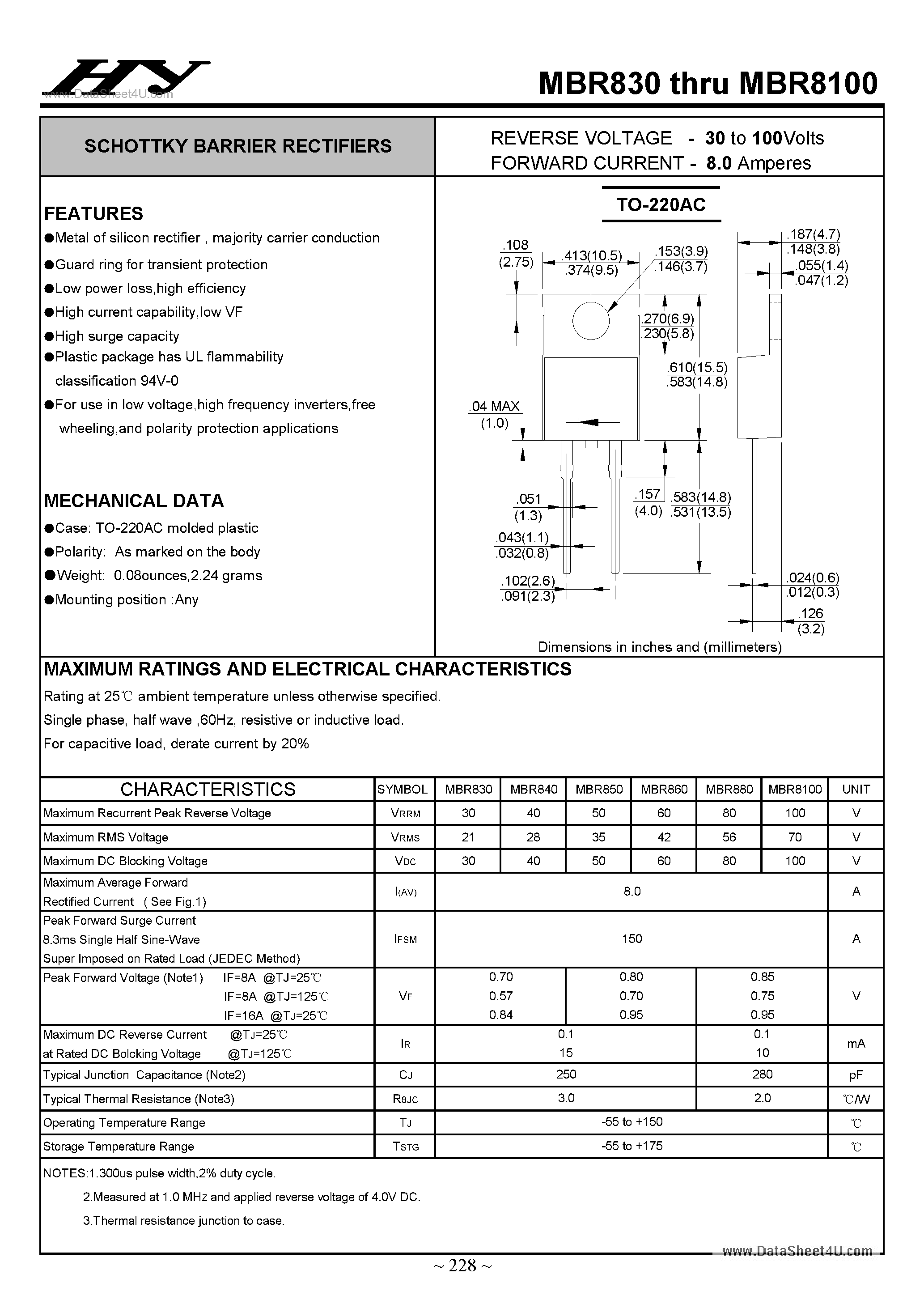 Datasheet MBR8100 page 1 Datasheet MBR8100 - (MBR830 - MBR8100) SCHOTTKY BARRIER RECTIFIERS page 1