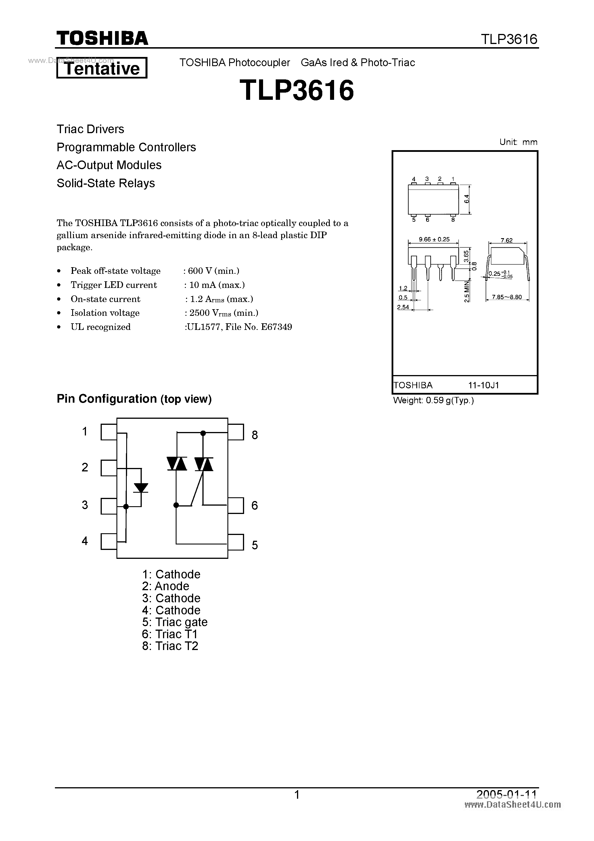 Даташит TLP3616 - Photocoupler страница 1
