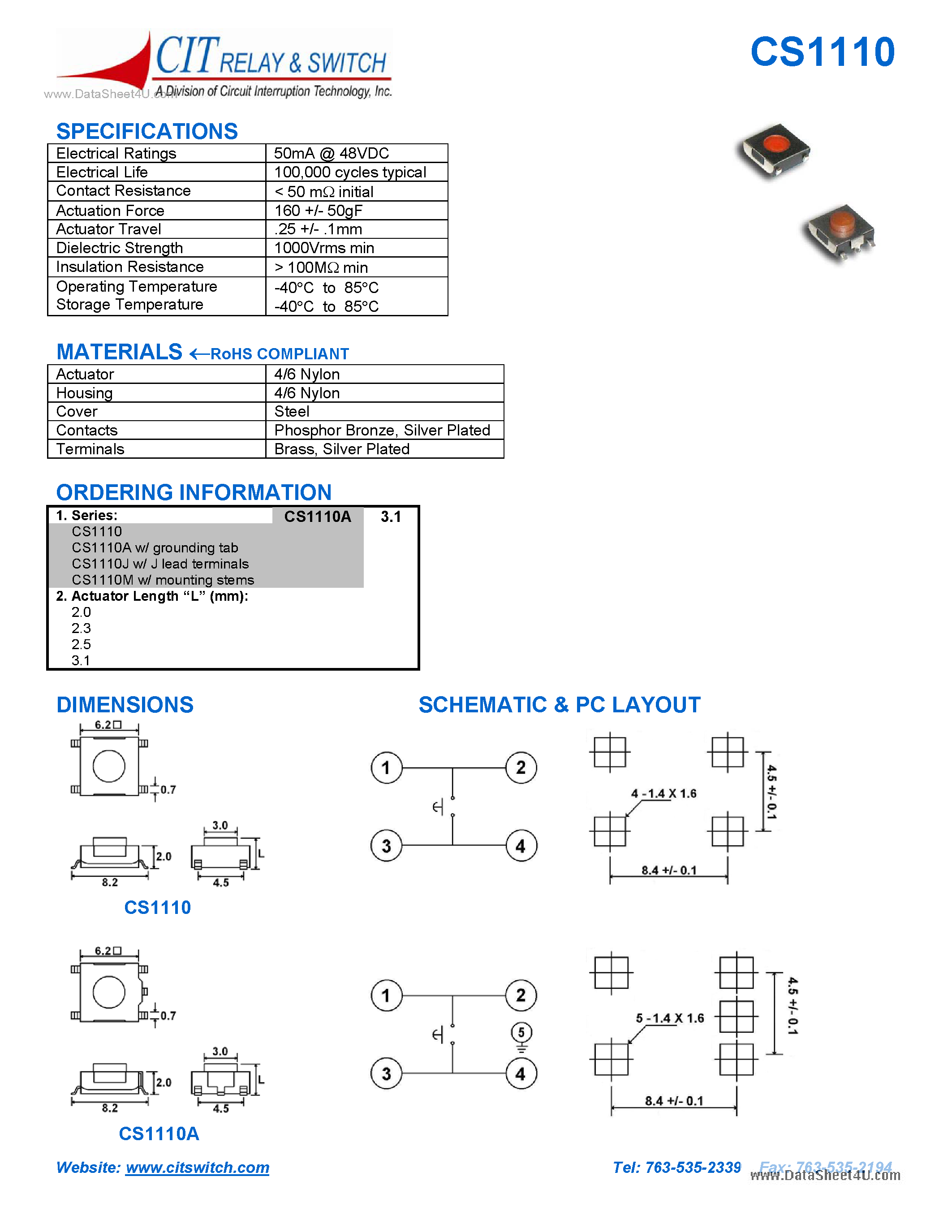 Datasheet CS1110 - DIMENSIONS SCHEMATIC & PC LAYOUT page 1