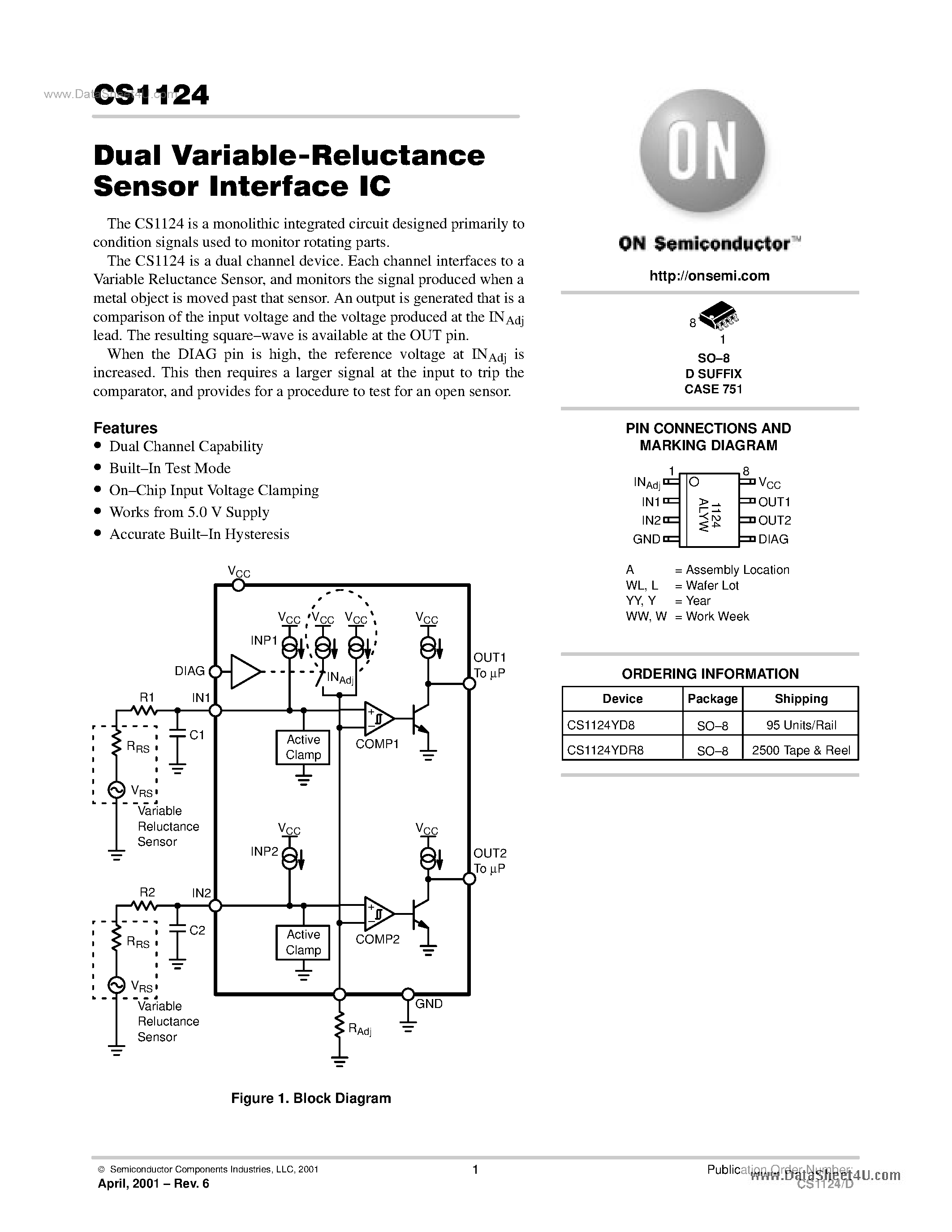 Даташит на микросхему CS1124 страница 1 Даташит CS1124 - Dual Variable-Reluctance Sensor Interface IC страница 1