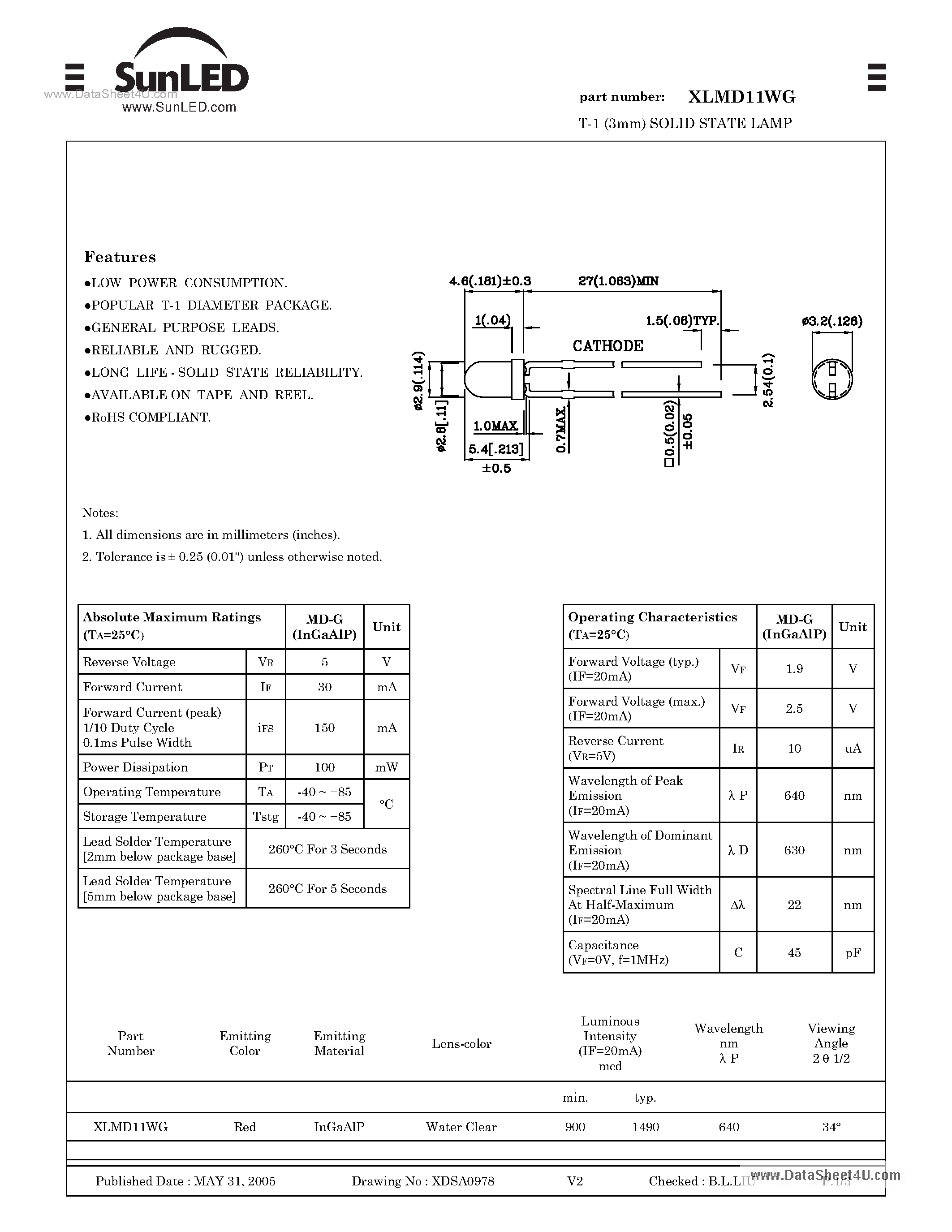 Datasheet XLMD11WG page 1 Datasheet XLMD11WG - SOLID STATE LAMP page 1