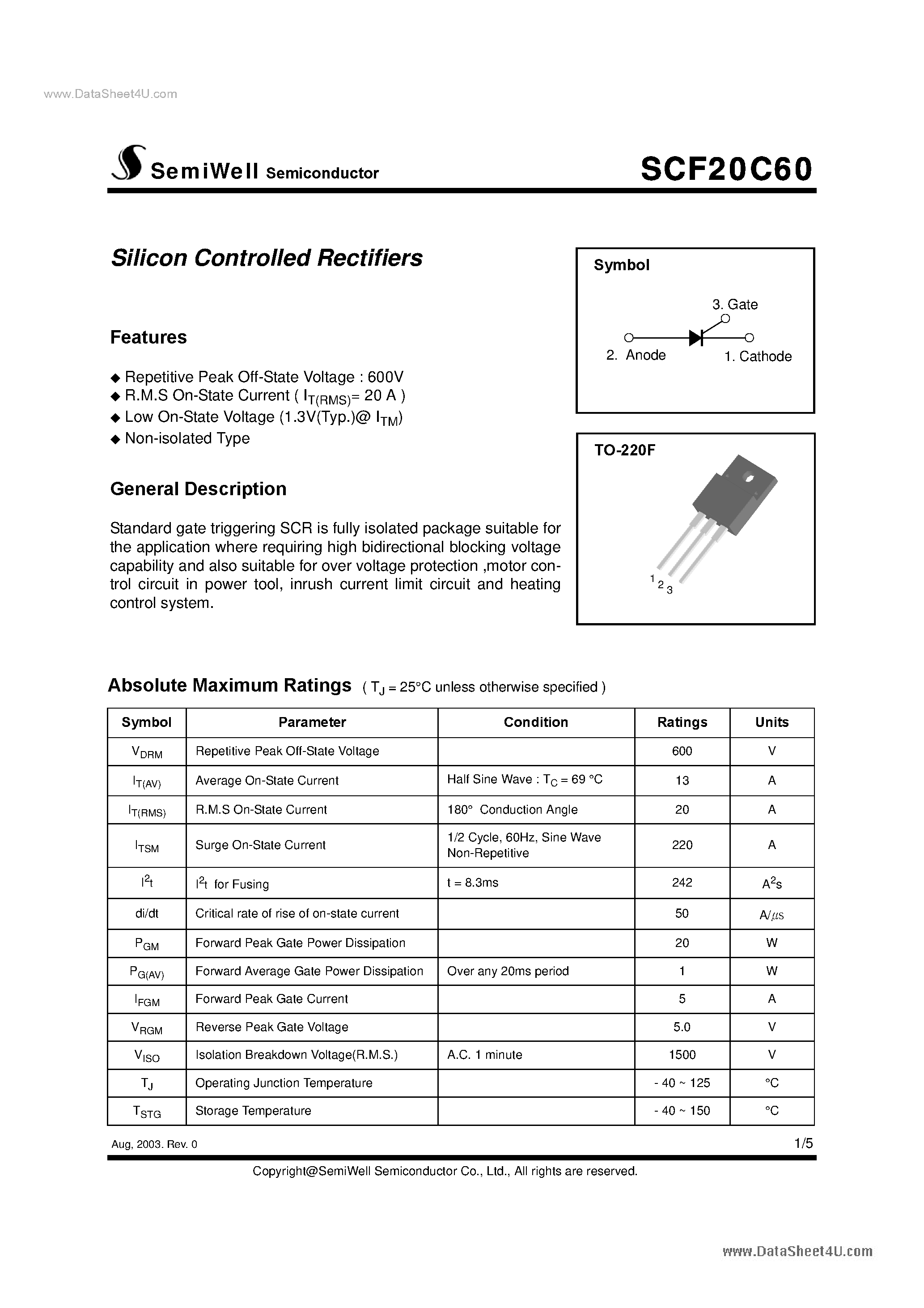 Datasheet SCF20C60 page 1 Datasheet SCF20C60 - Silicon Controlled Rectifiers page 1