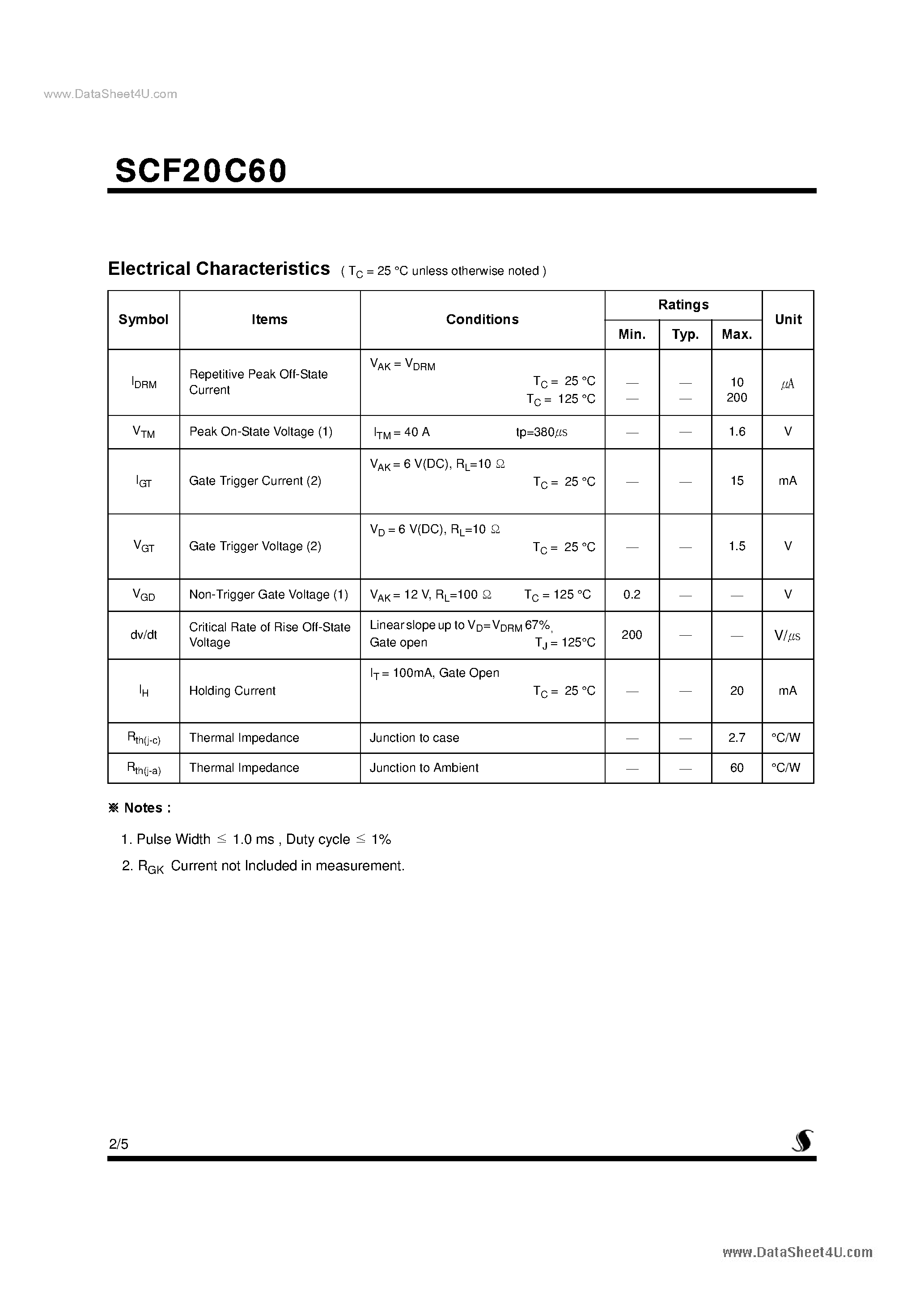 Datasheet SCF20C60 page 2 Datasheet SCF20C60 - Silicon Controlled Rectifiers page 2