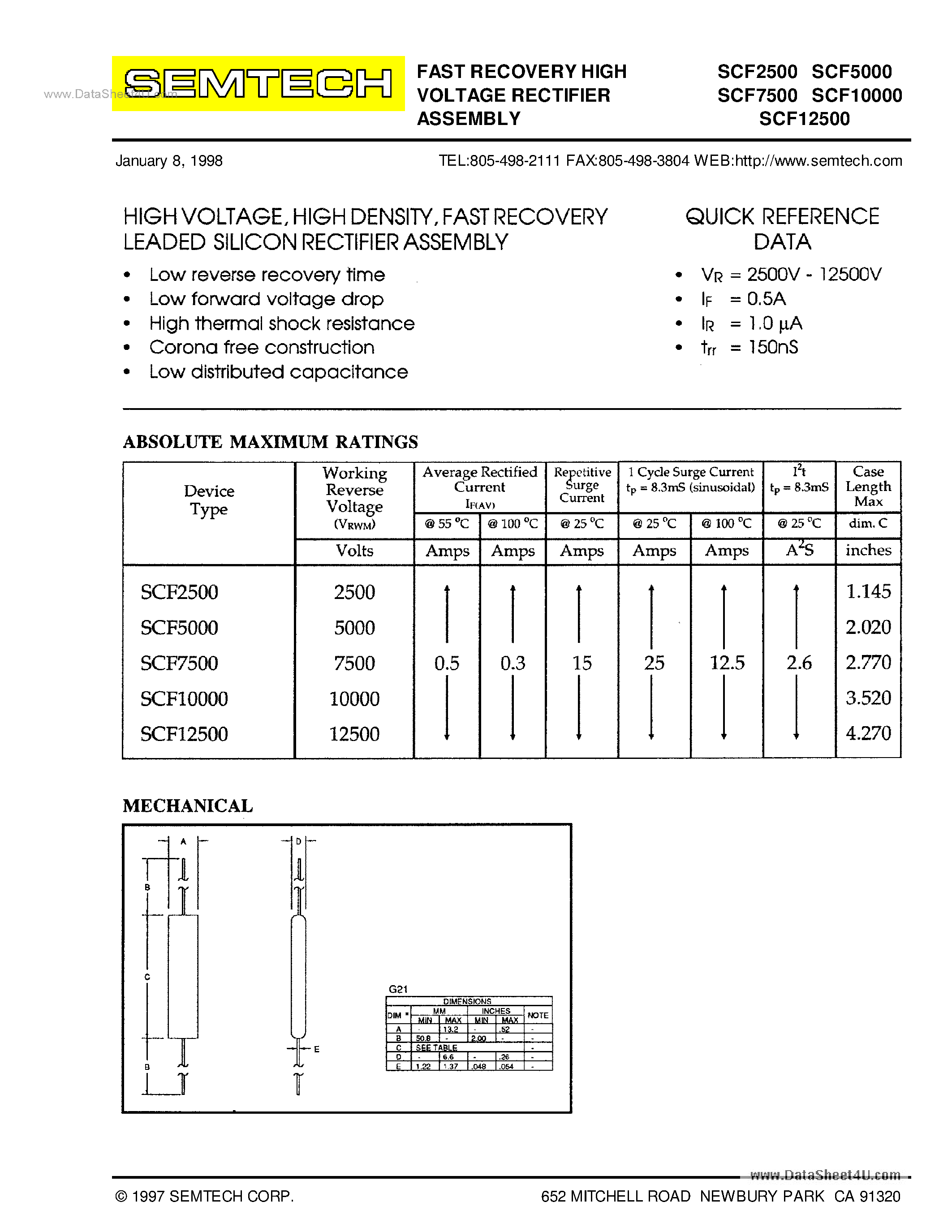 Datasheet SCF10000 - (SCF2500 - SCF12500) FAST RECOVERY HIGH VOLTAGE RECTIFIER ASSEMBLY page 1