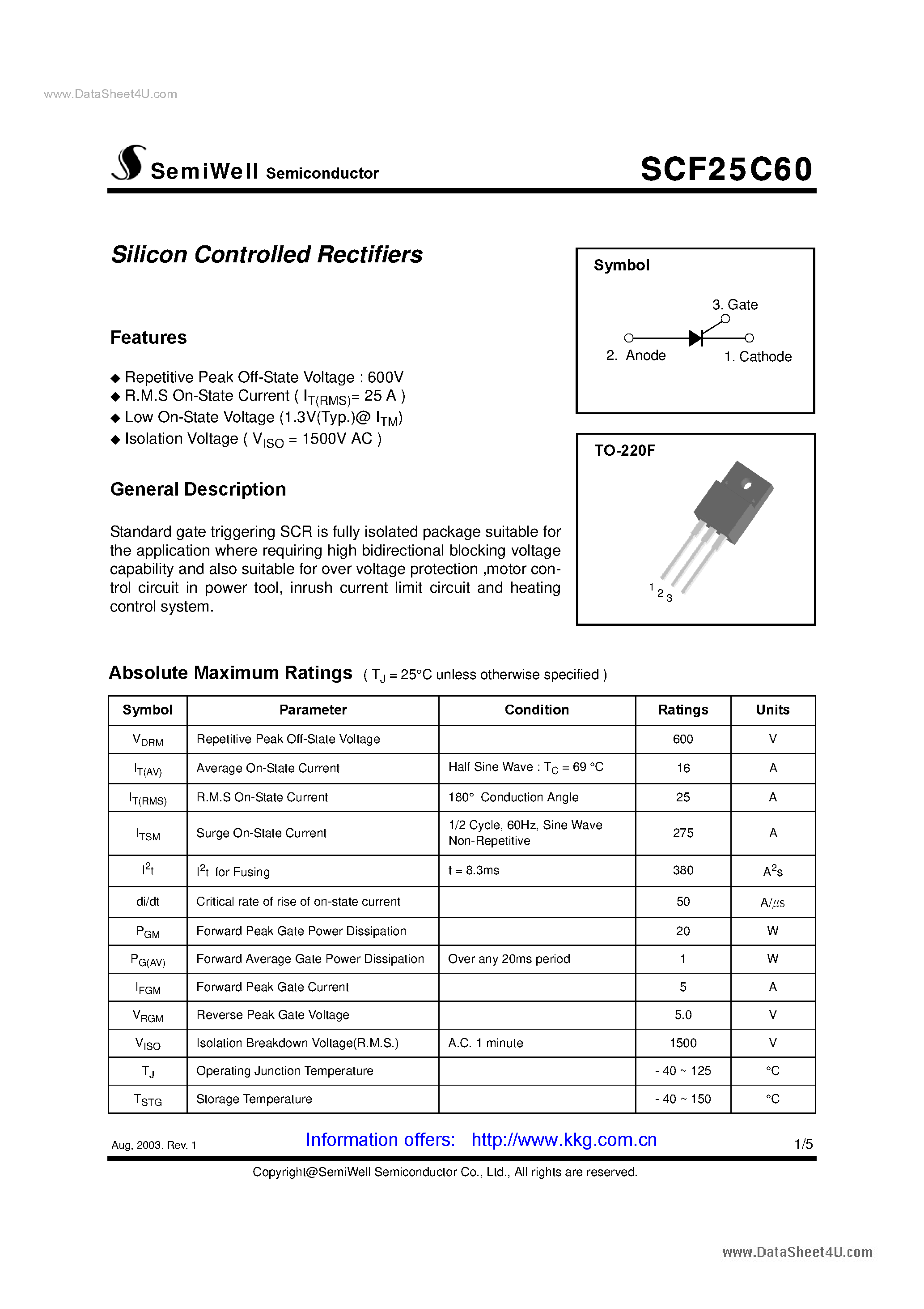 Datasheet SCF25C60 page 1 Datasheet SCF25C60 - Silicon Controlled Rectifiers page 1