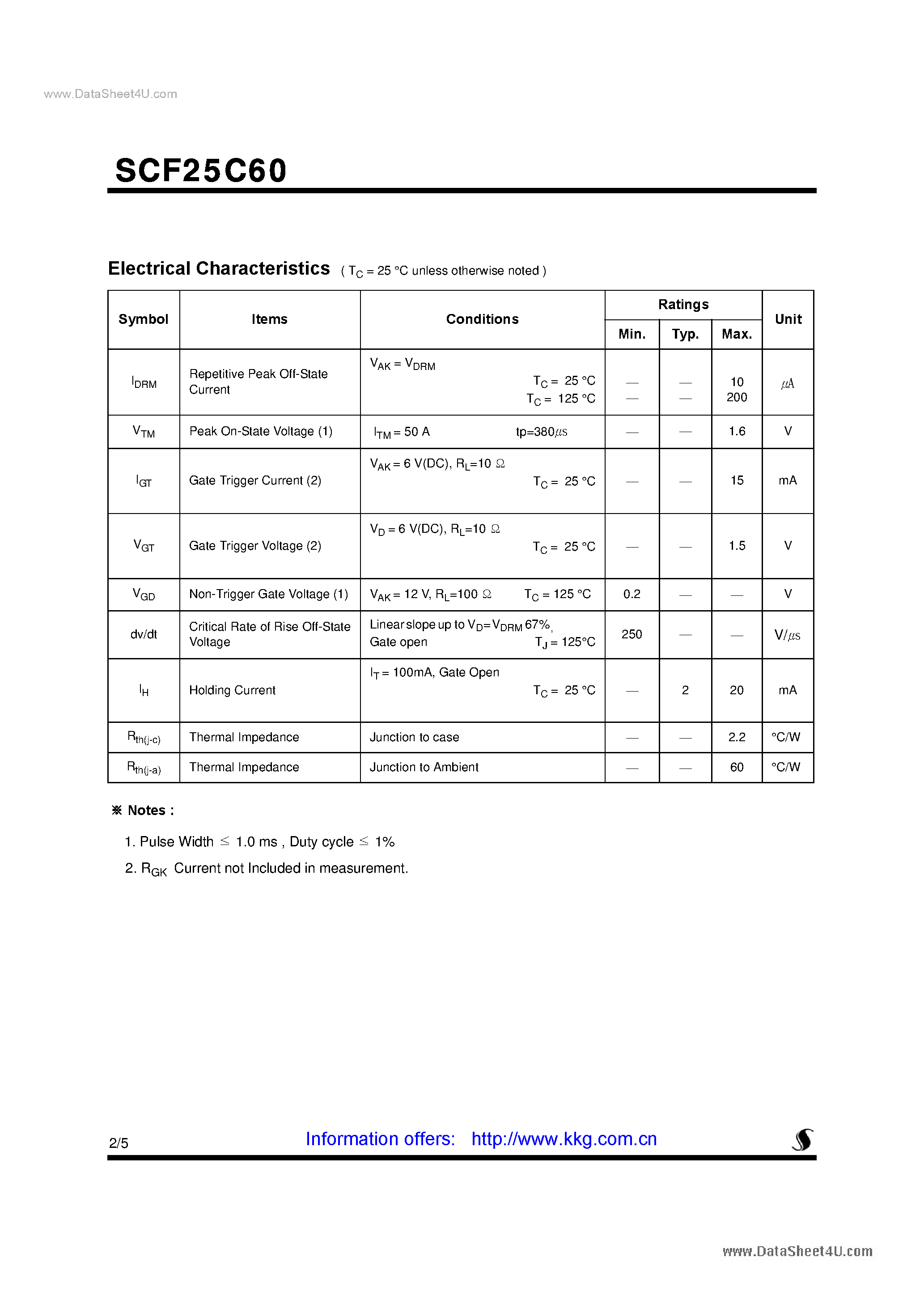 Datasheet SCF25C60 page 2 Datasheet SCF25C60 - Silicon Controlled Rectifiers page 2